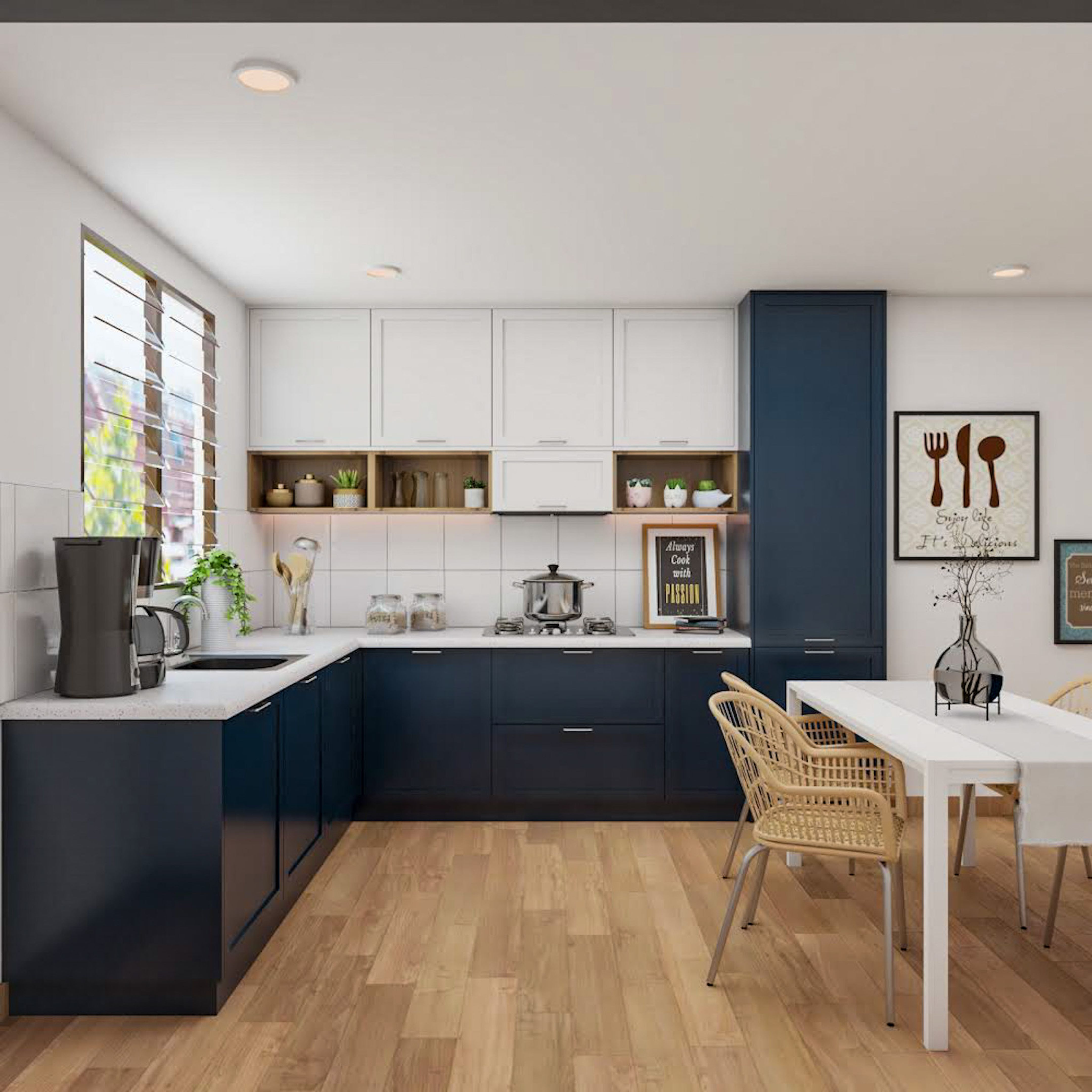 L-Shaped Open Kitchen Design With Blue And White Cabinets | Livspace