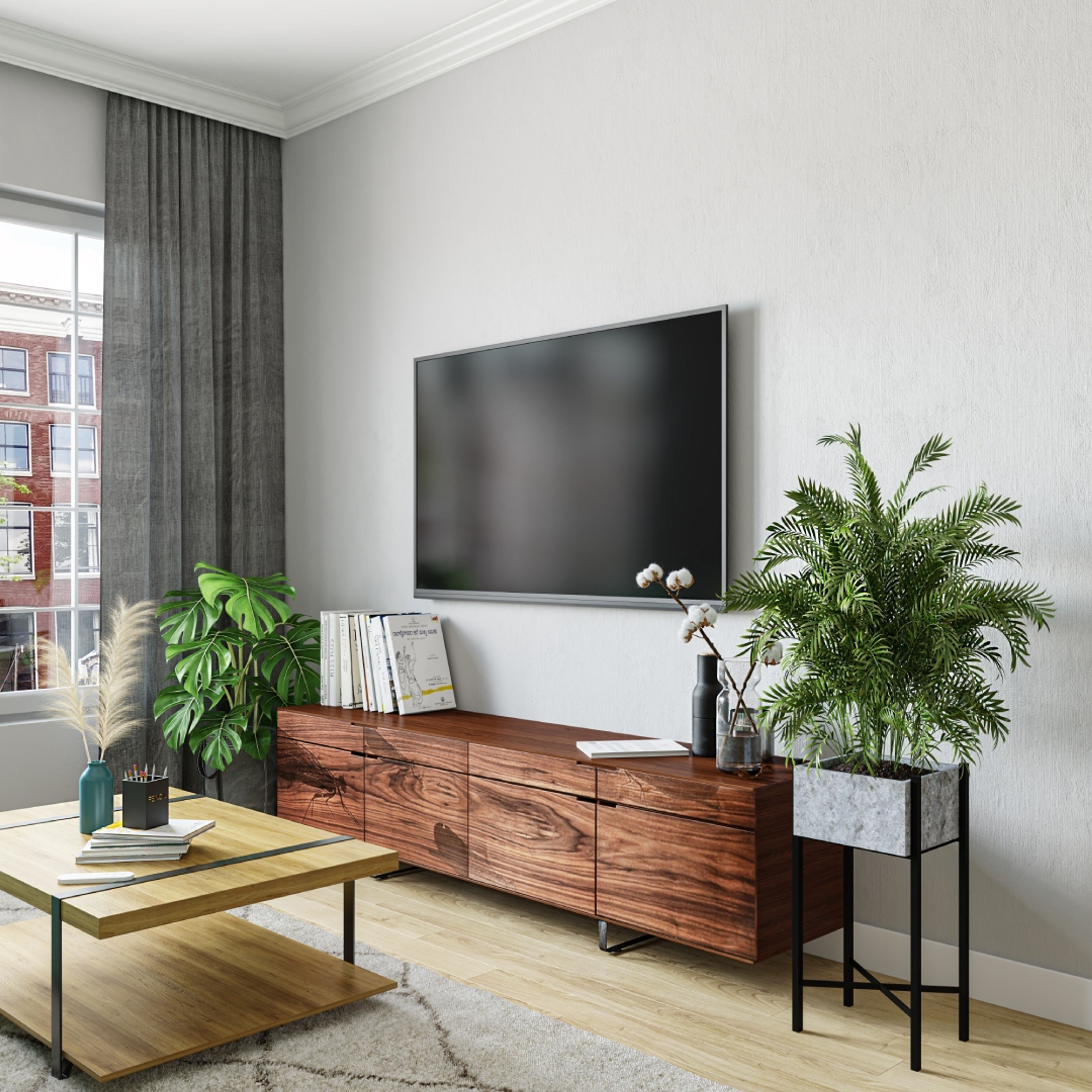 Brown TV Unit Design With Wooden Textures Livspace