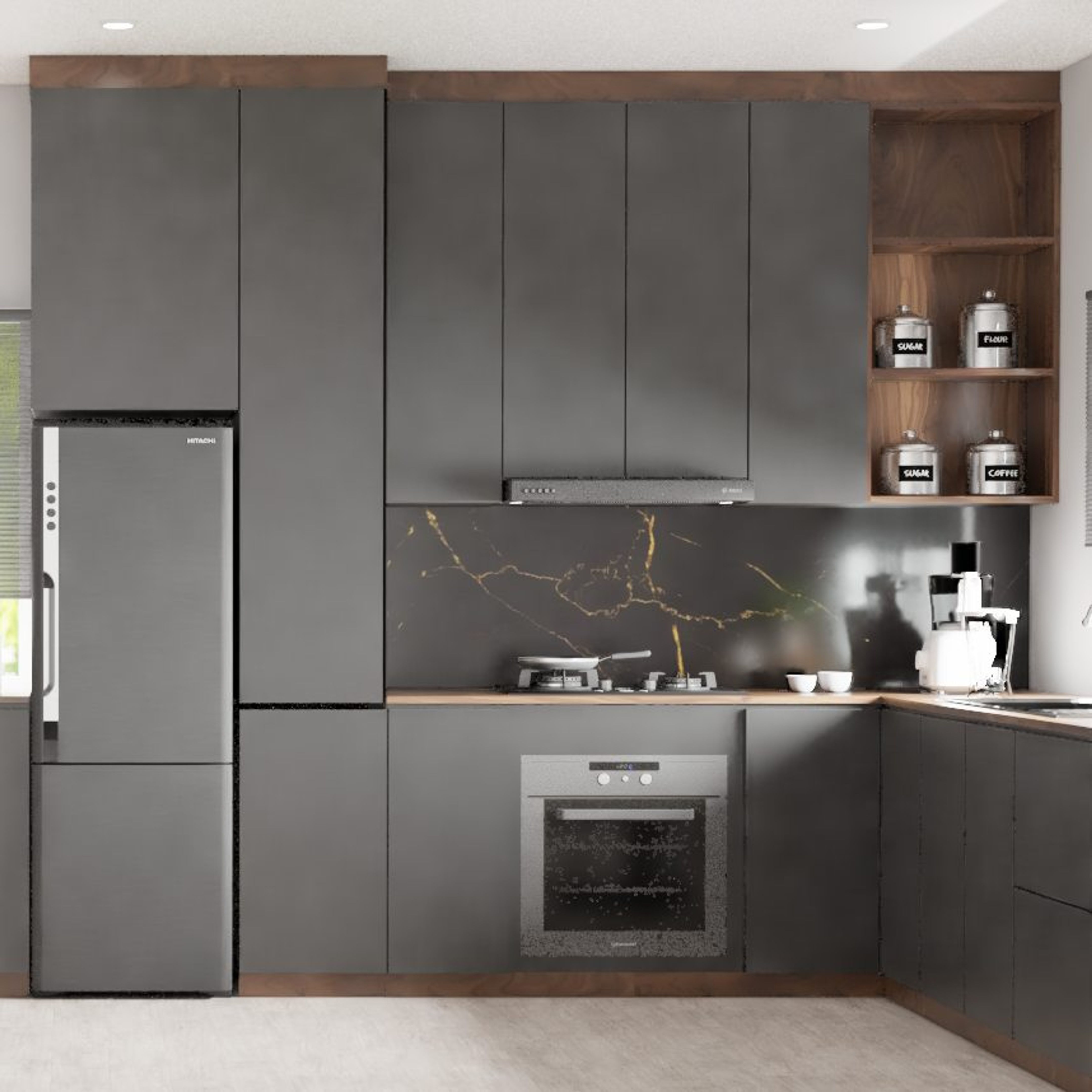 Dark Grey Laminates Design For Kitchen Cabinets | Livspace