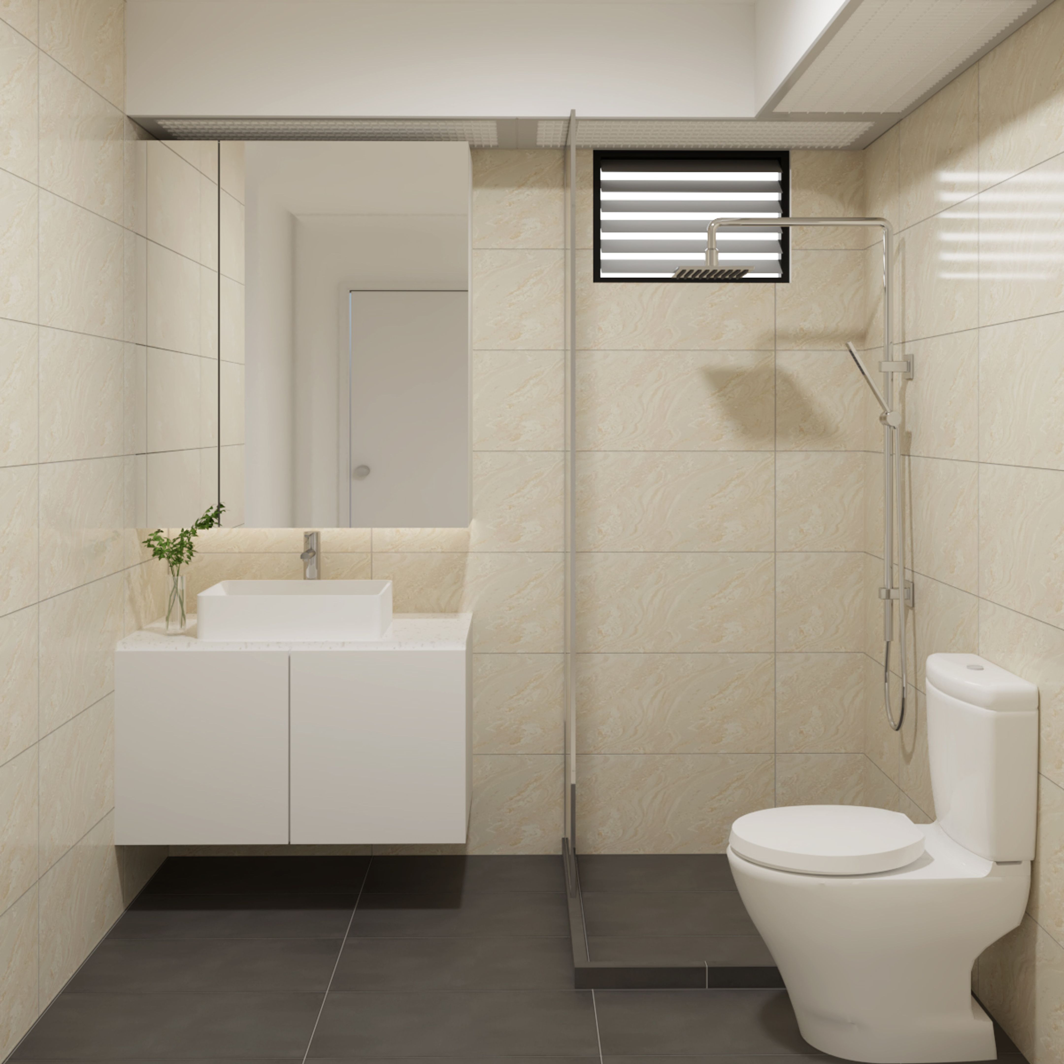 Black And Beige Contemporary Bathroom Design With Storage Livspace