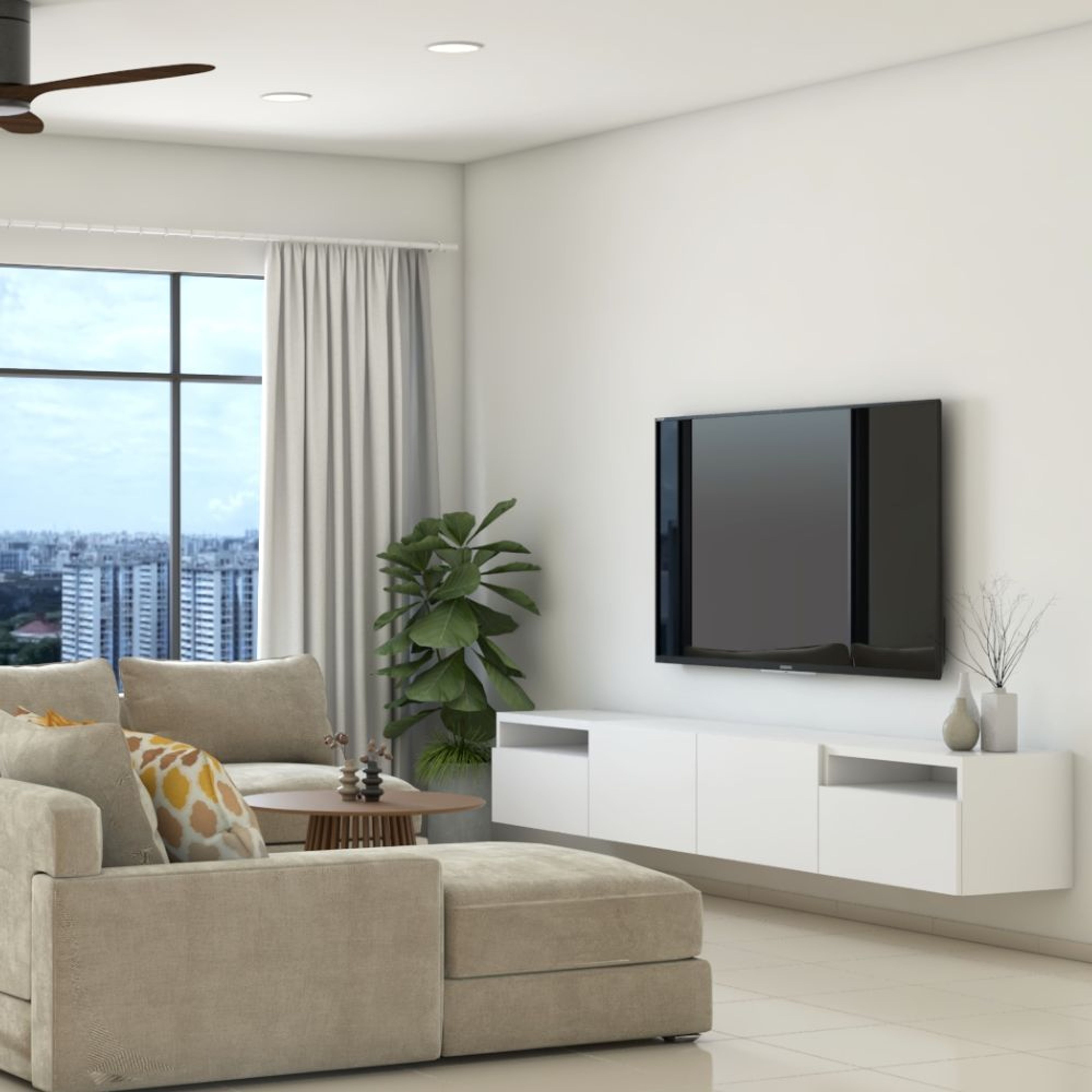 Wall-Mounted Modern White TV Unit with Suede Finish | Livspace