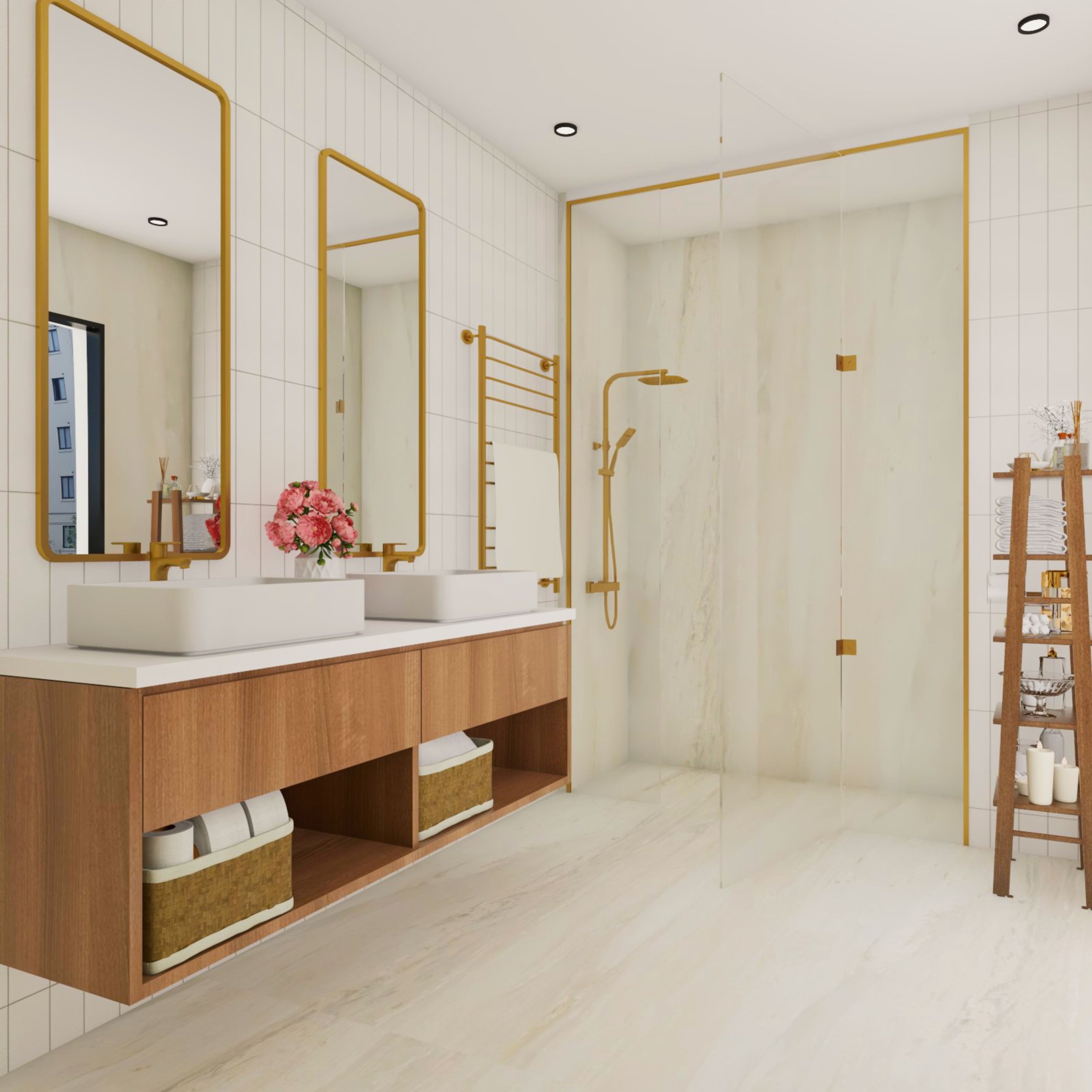White And Wood Modern Bathroom Design For Two | Livspace