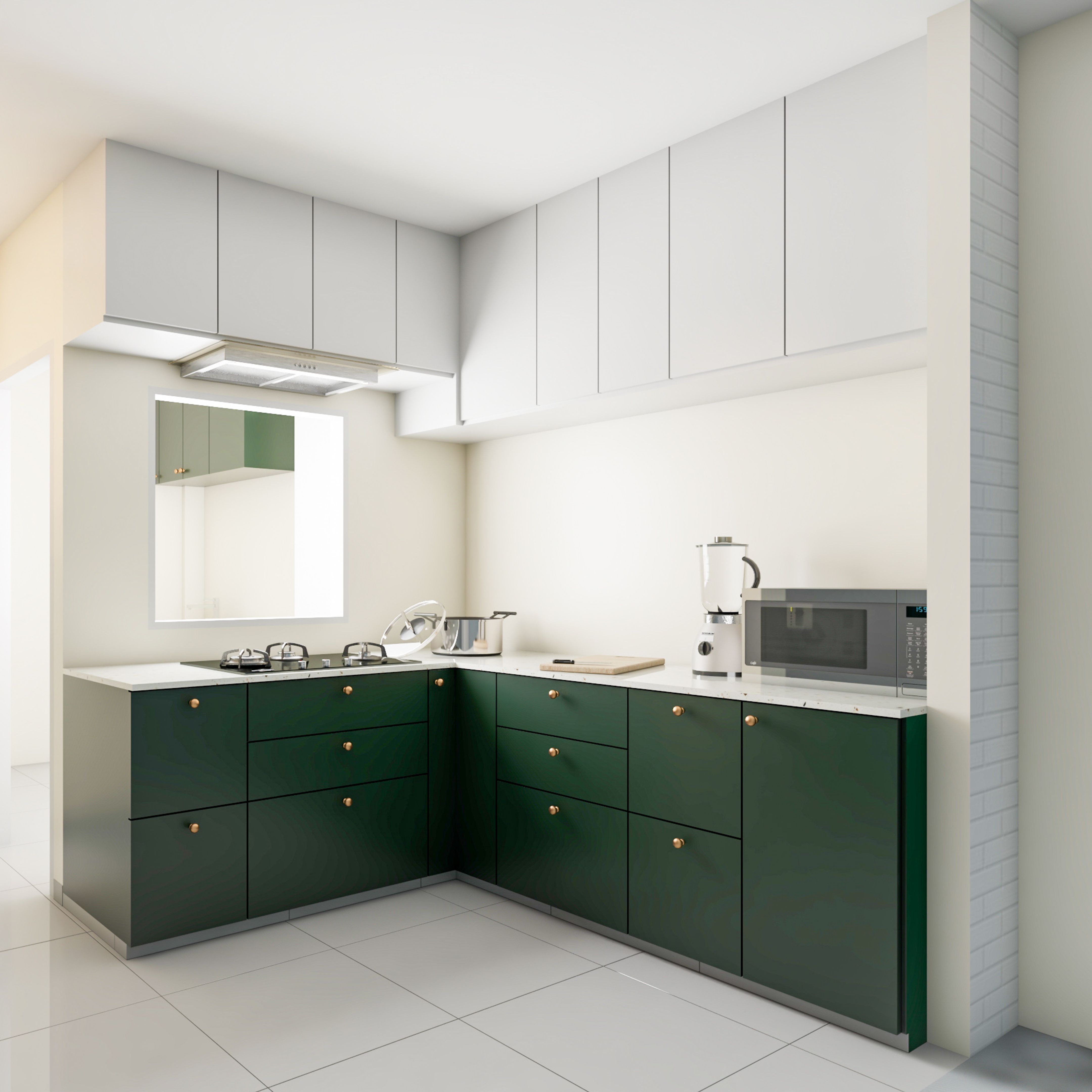 LShaped Compact Kitchen Design with Green Base Livspace