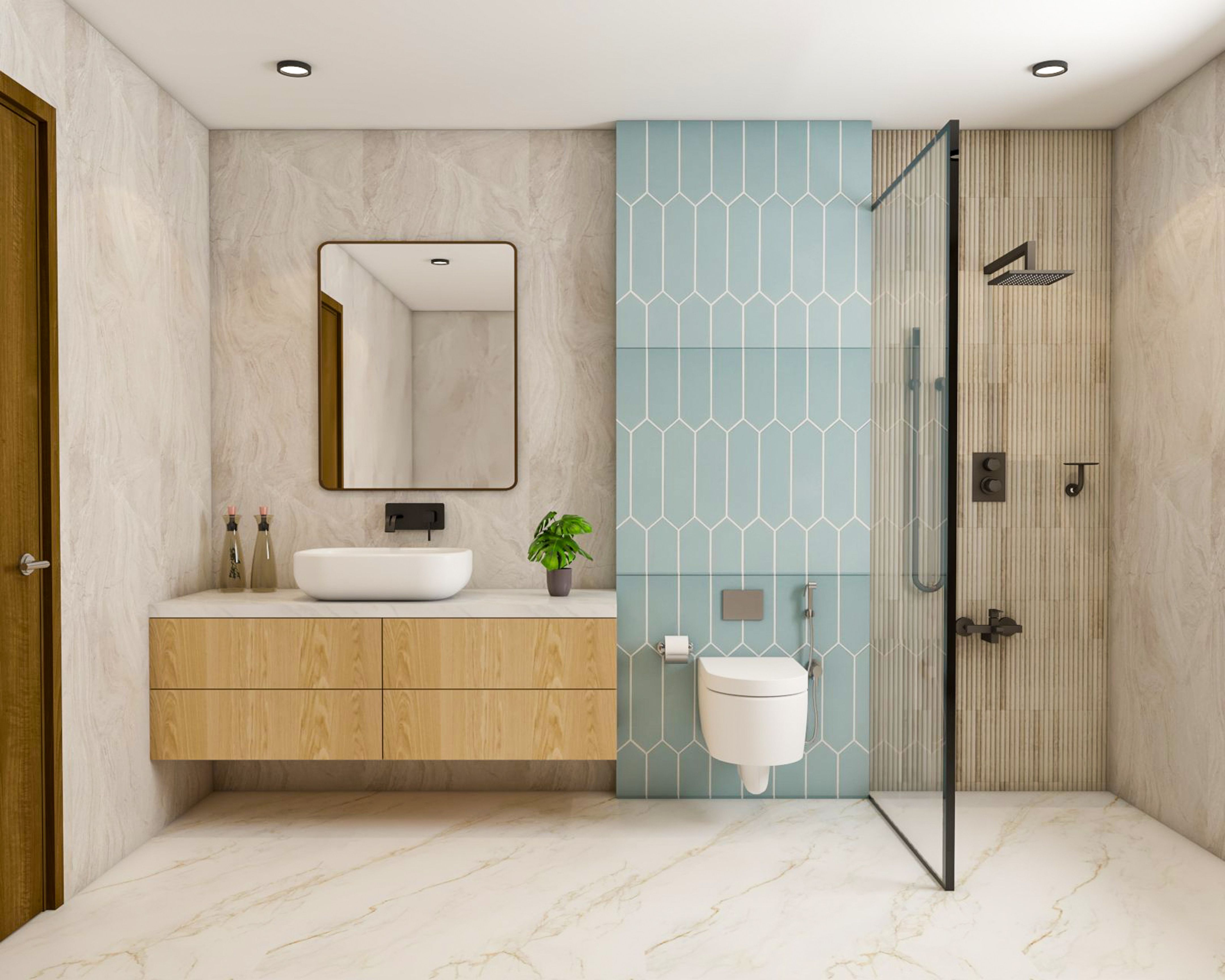 Beige And Blue Spacious Bathroom Design With Geometric Wall Panel ...