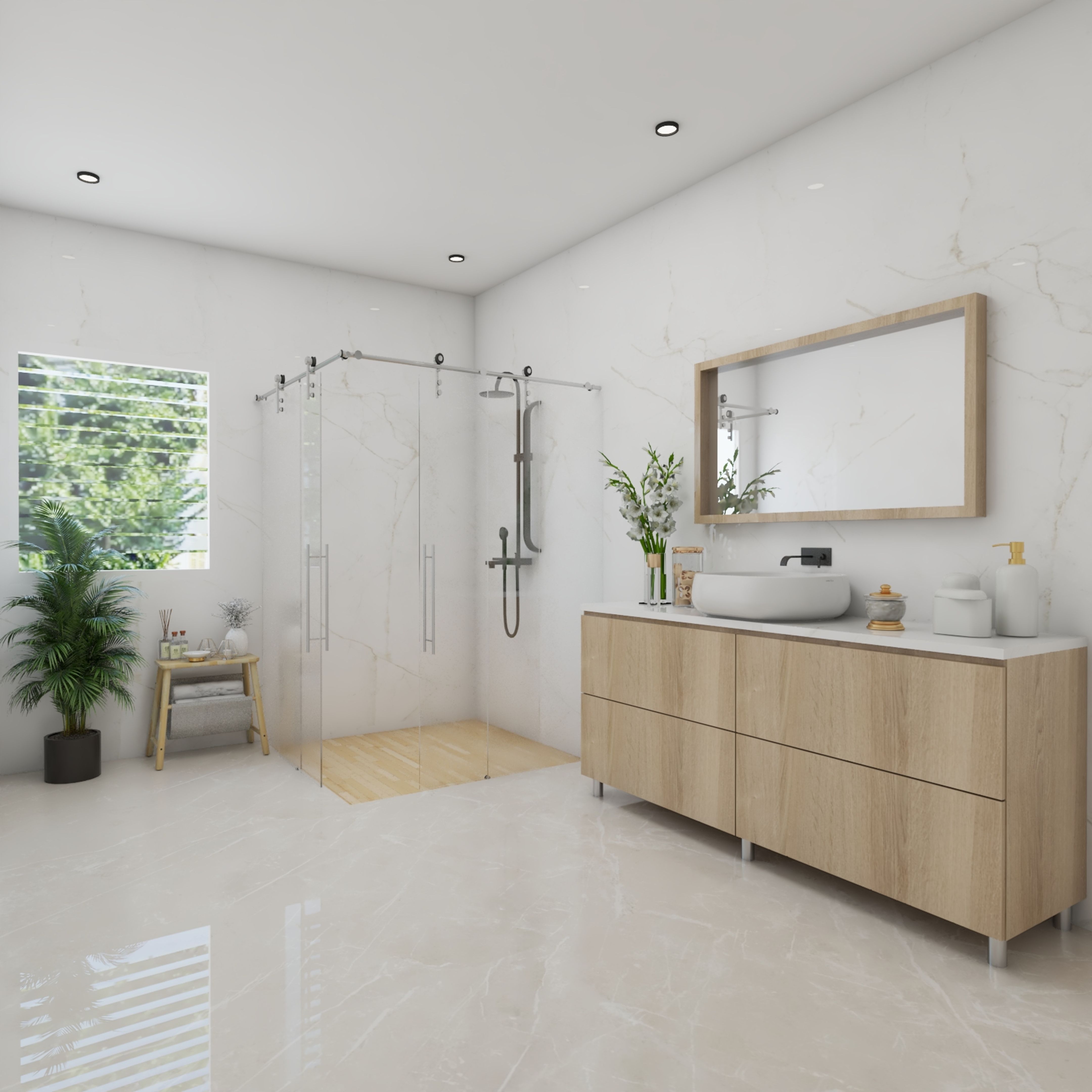 Cream And White Bathroom Design With Rectangular Mirror Livspace