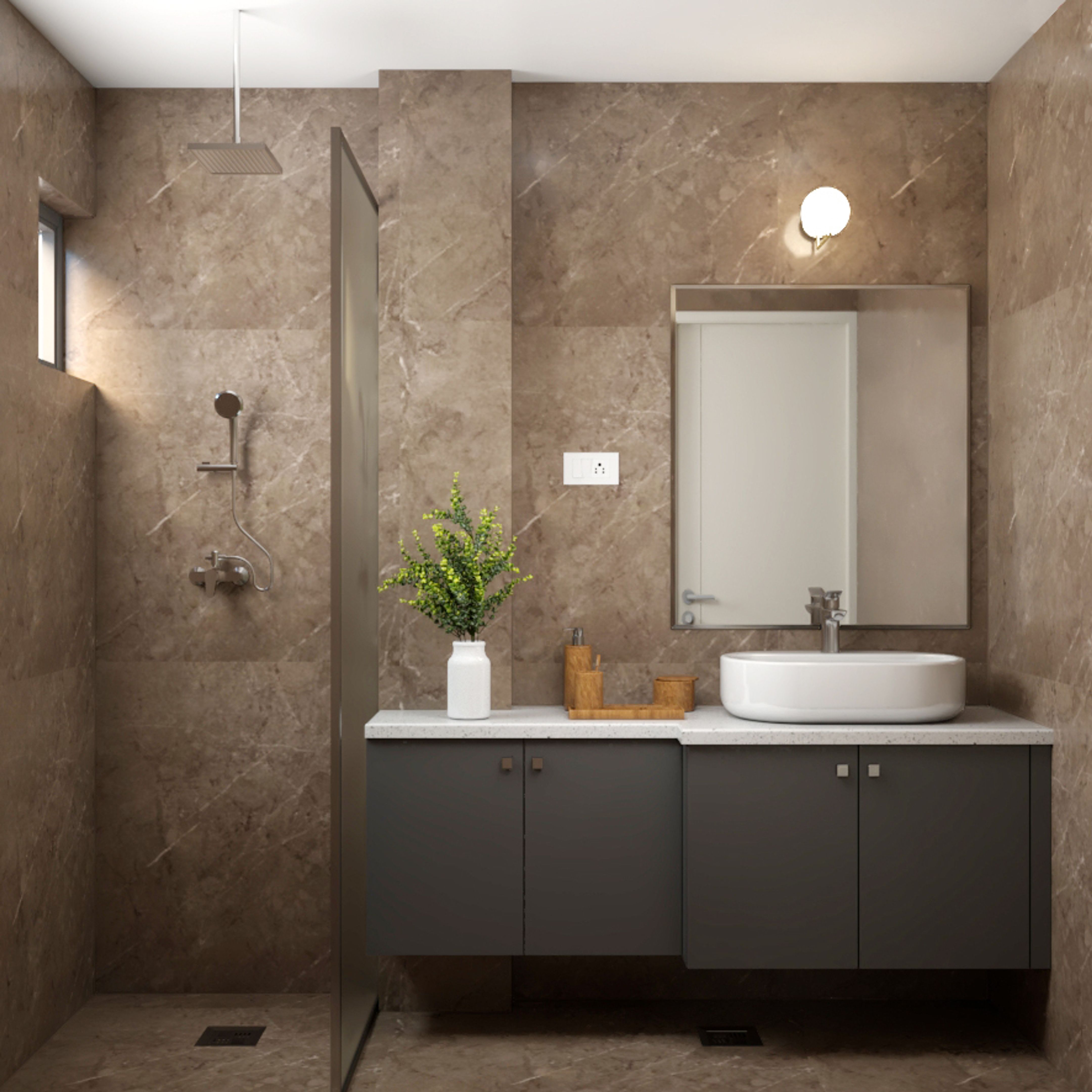 Beige Bathroom Tile Design With A Grey Vanity Unit | Livspace