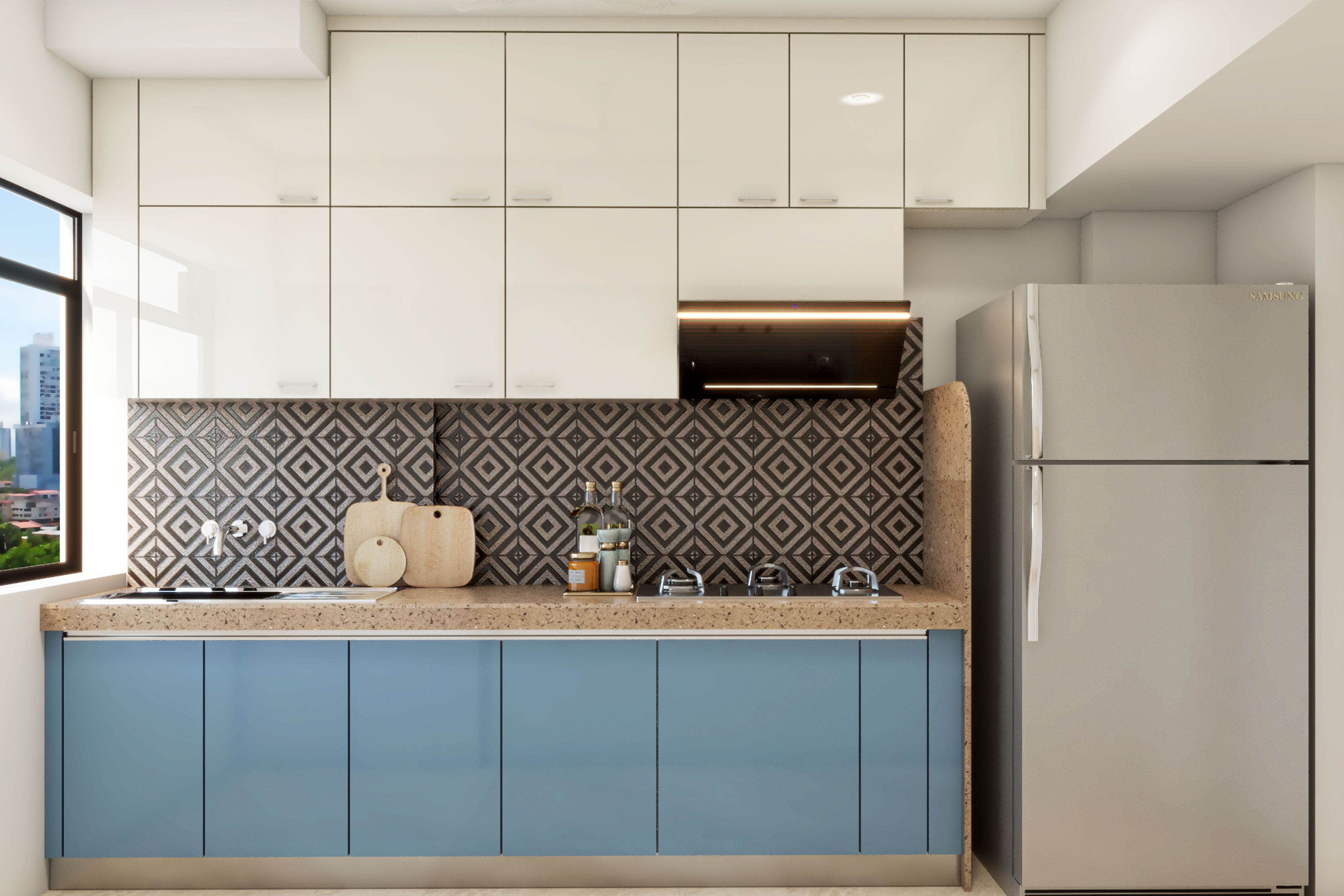 Spacious Modular Kitchen In Blue And White Livspace 