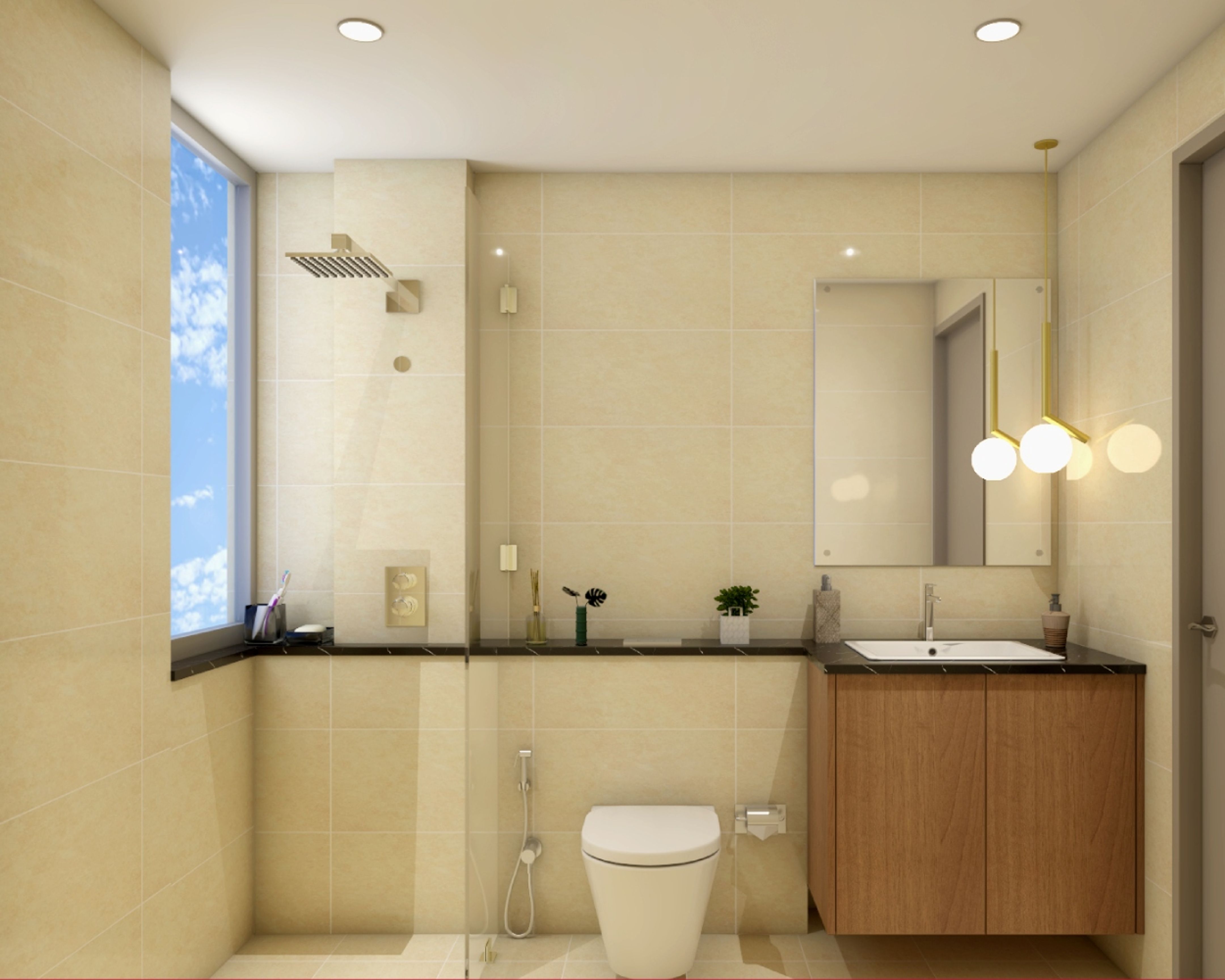 Spacious Beige Bathroom Design With Brown Vanity Unit And Black ...