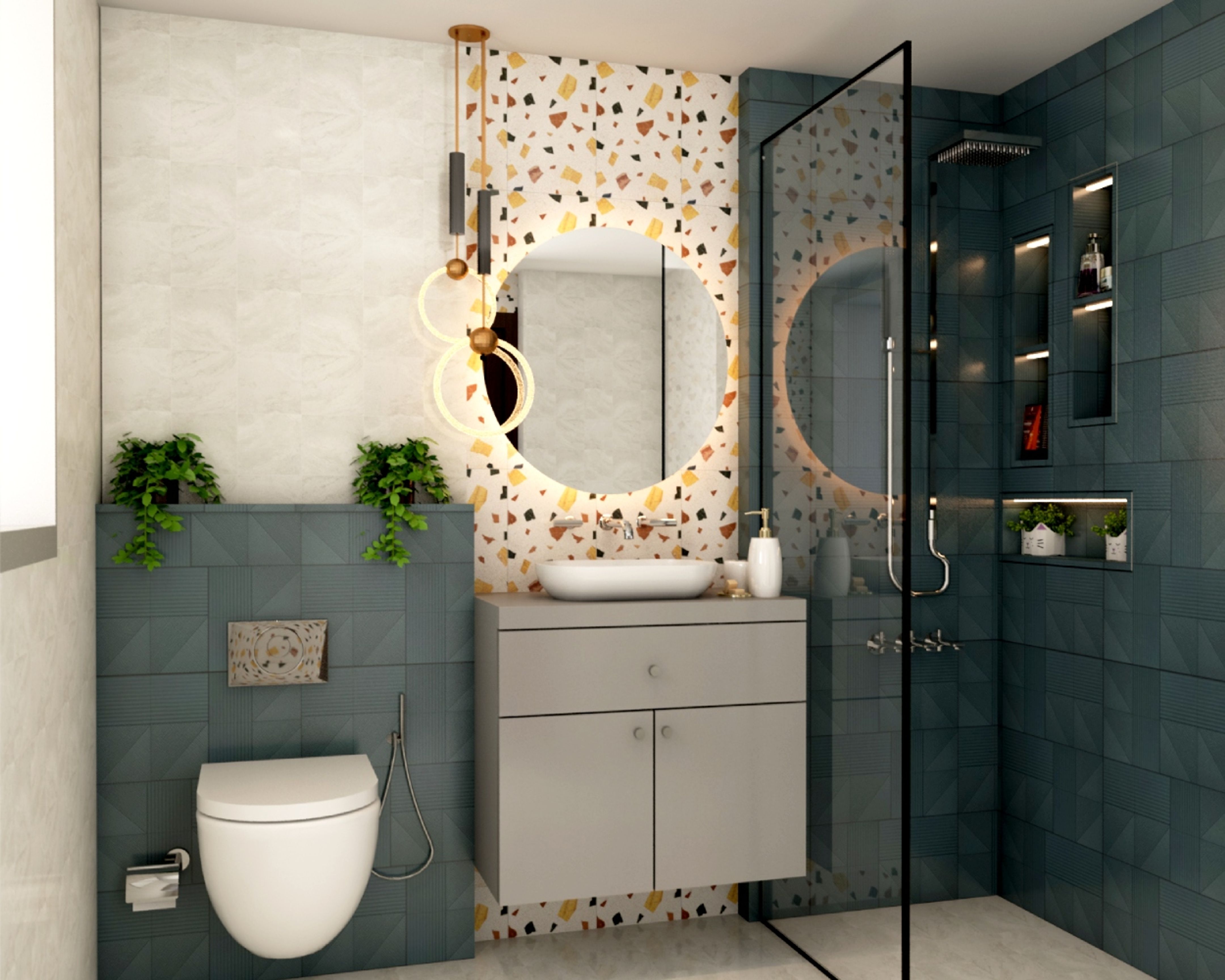 Compact Blue And Beige Bathroom Design With Terrazzo Tiles - 8X5 Ft ...