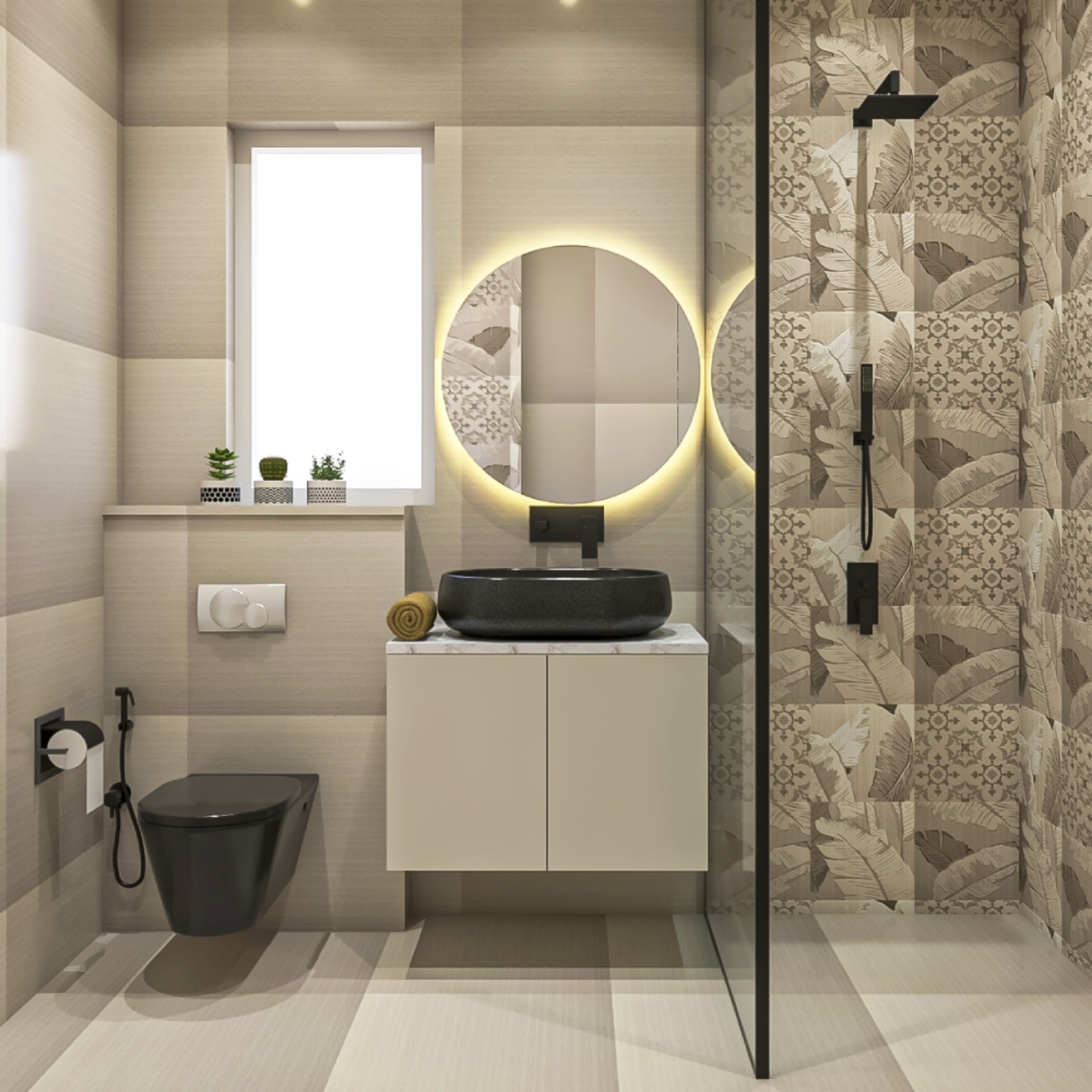 Grey And Beige Small Bathroom Design Idea With Circular Mirror - 7X5 Ft ...