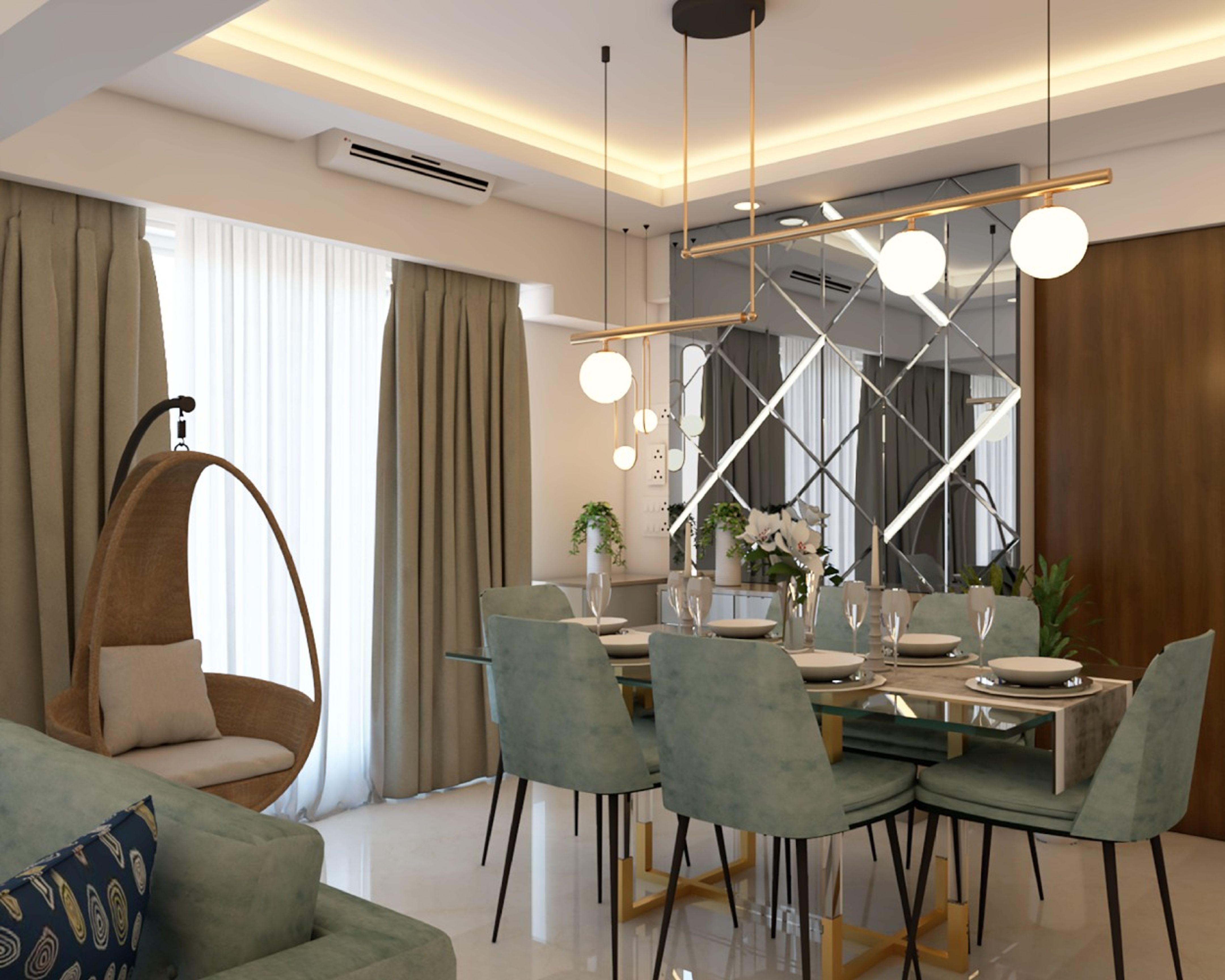 6Seater Dining Room Design With Stylish Hanging Lights Livspace