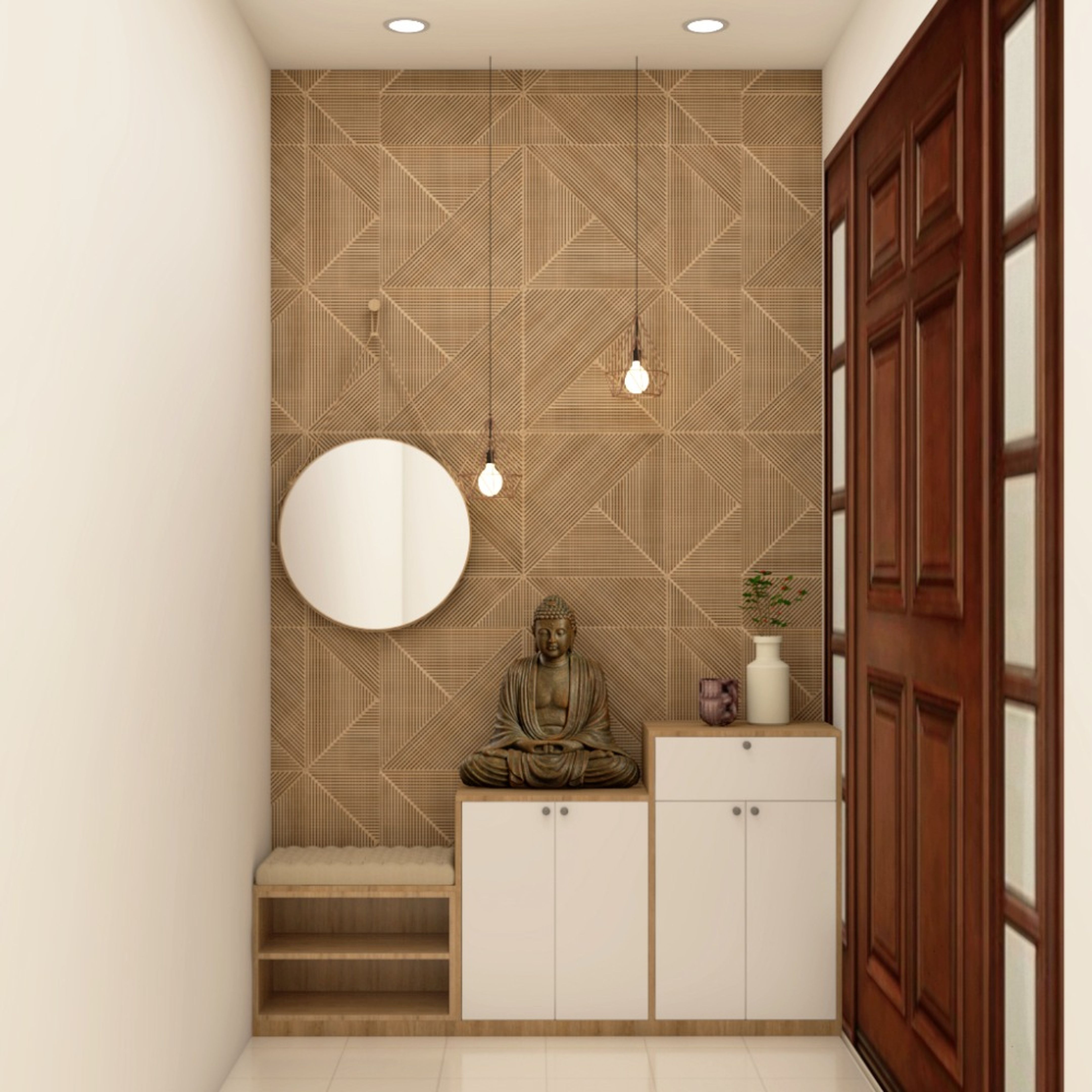 Compact Foyer Design With Wooden Accent Wall And White Storage Unit ...