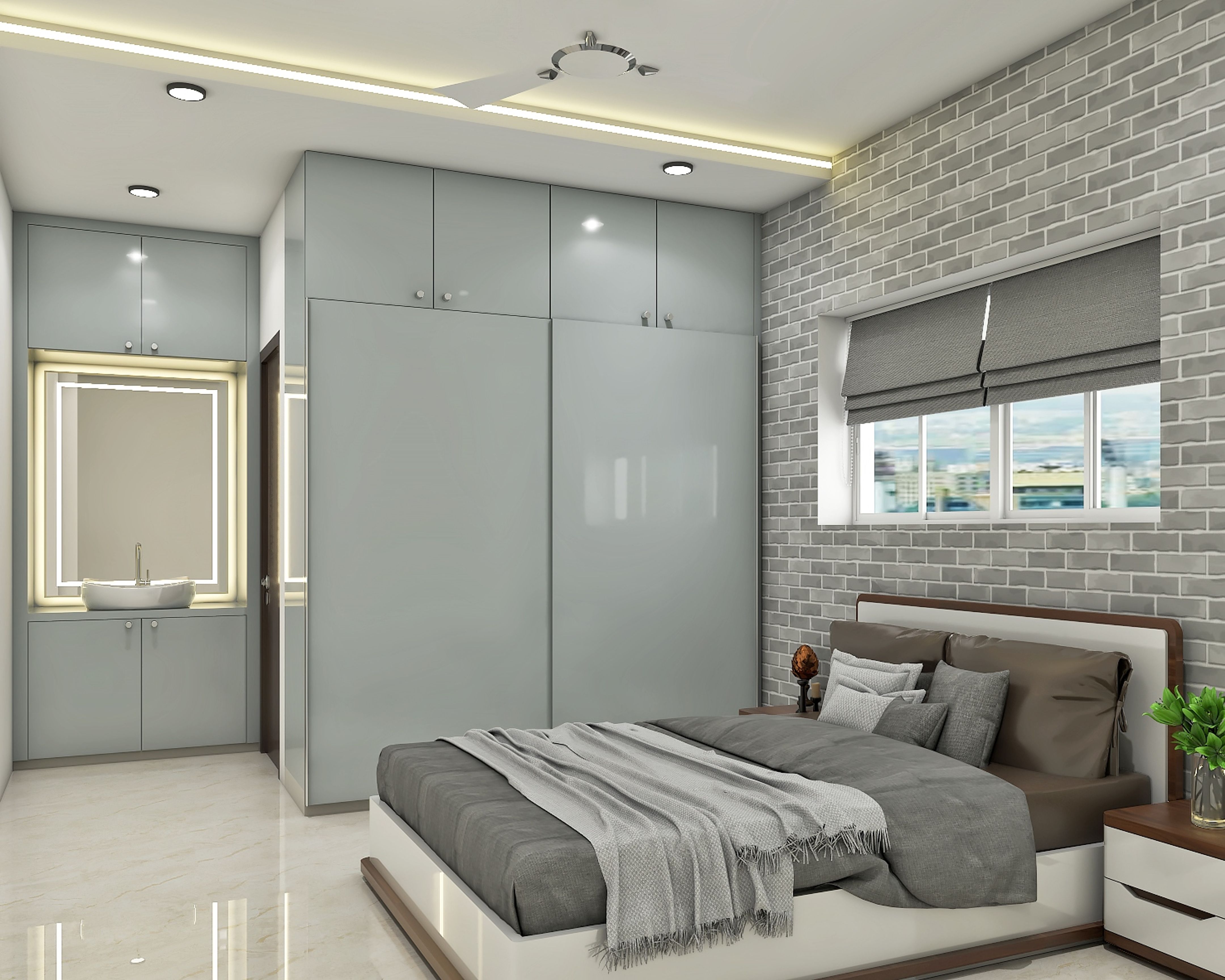 Spacious Guest Bedroom In Grey With Brick Wallpaper | Livspace