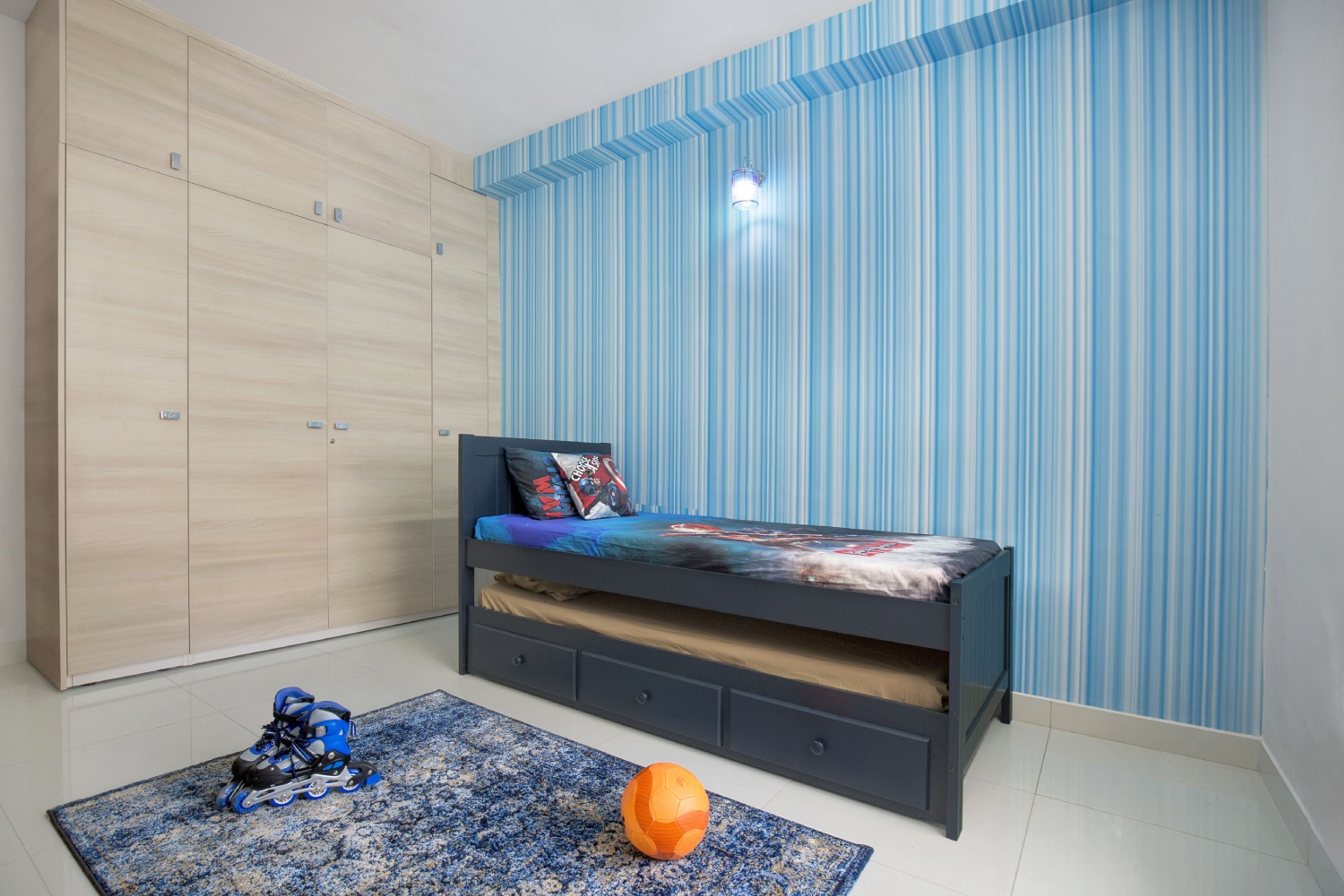 Kids' Bedroom Design With Blue And White Striped Wallpaper | Livspace