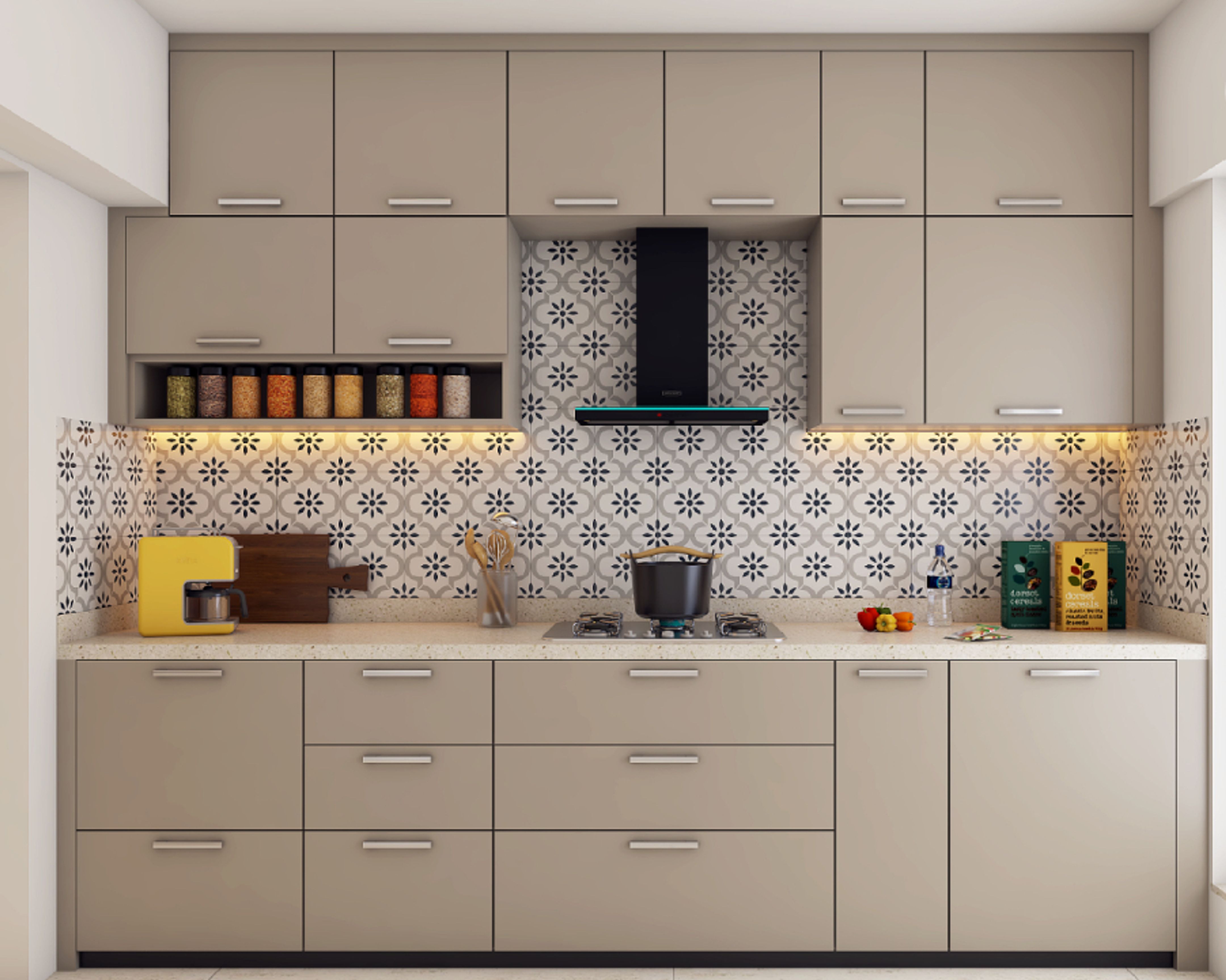 Spacious Kitchen Design With Grey Storage Units - 10X8 Ft | Livspace