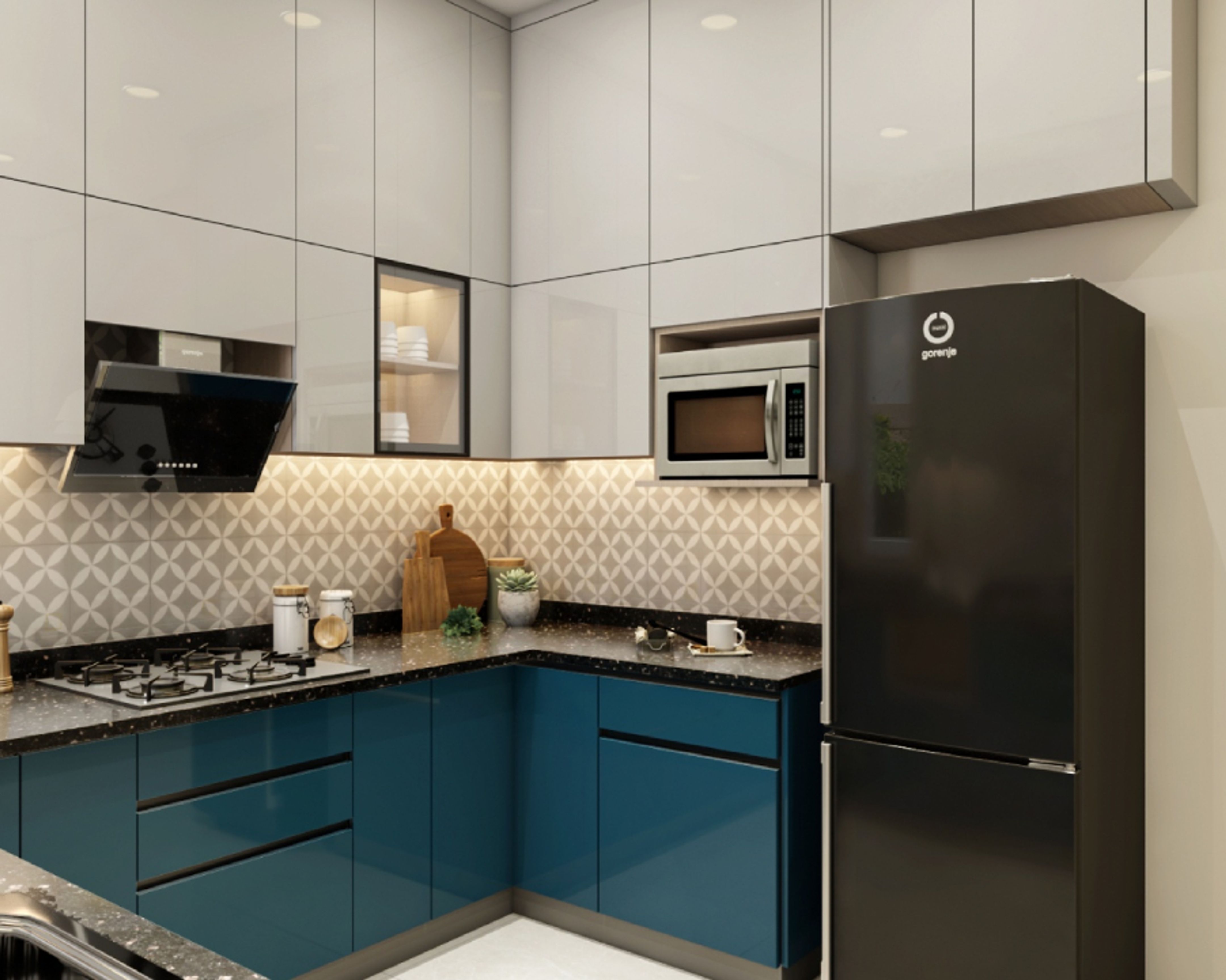 Compact Kitchen Design With Loft Units And Wicker Baskets - 8X8 Ft ...