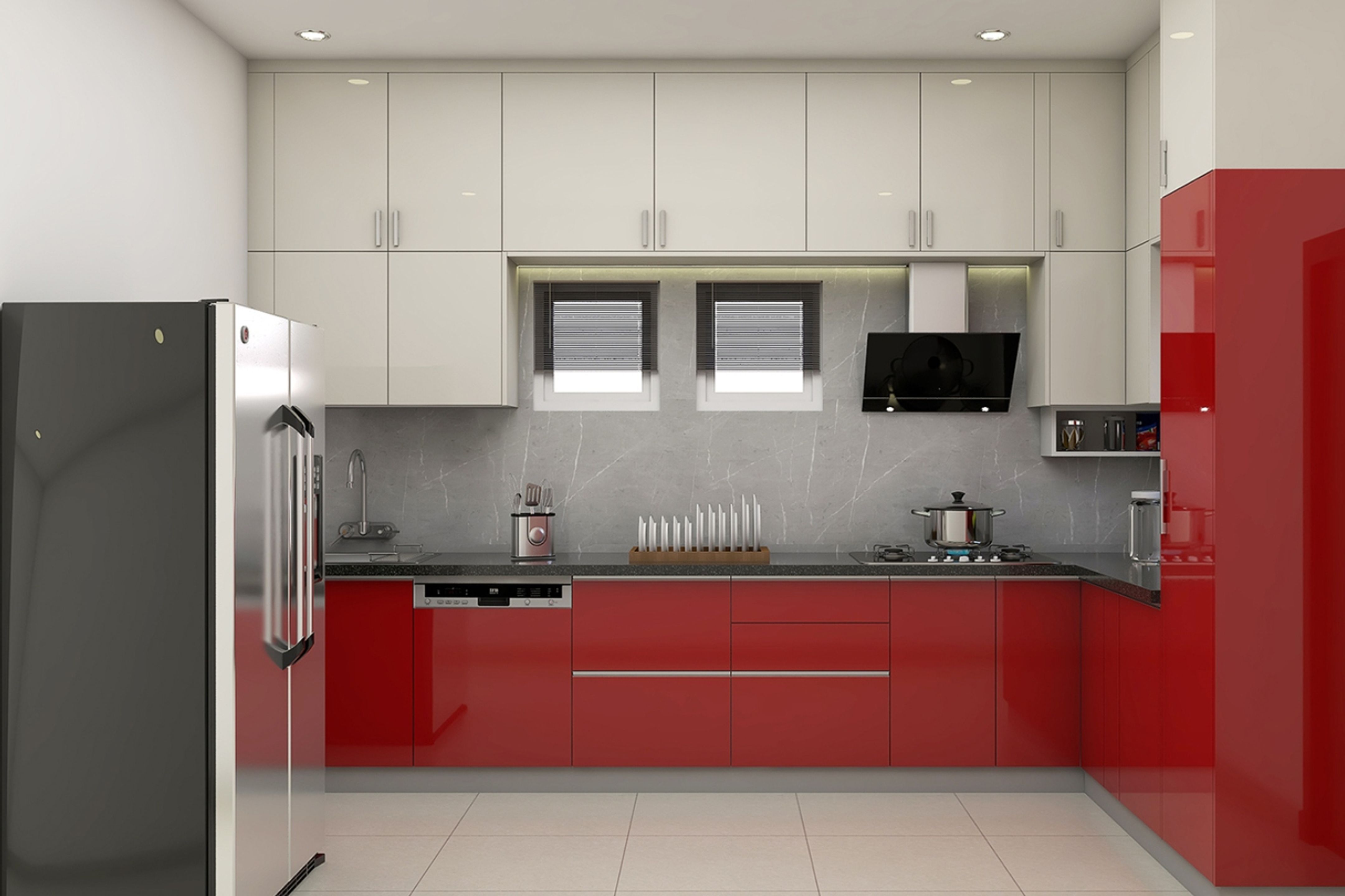 Modular Kitchen Design With Grey Backsplash Tiles - 13X11 Ft | Livspace