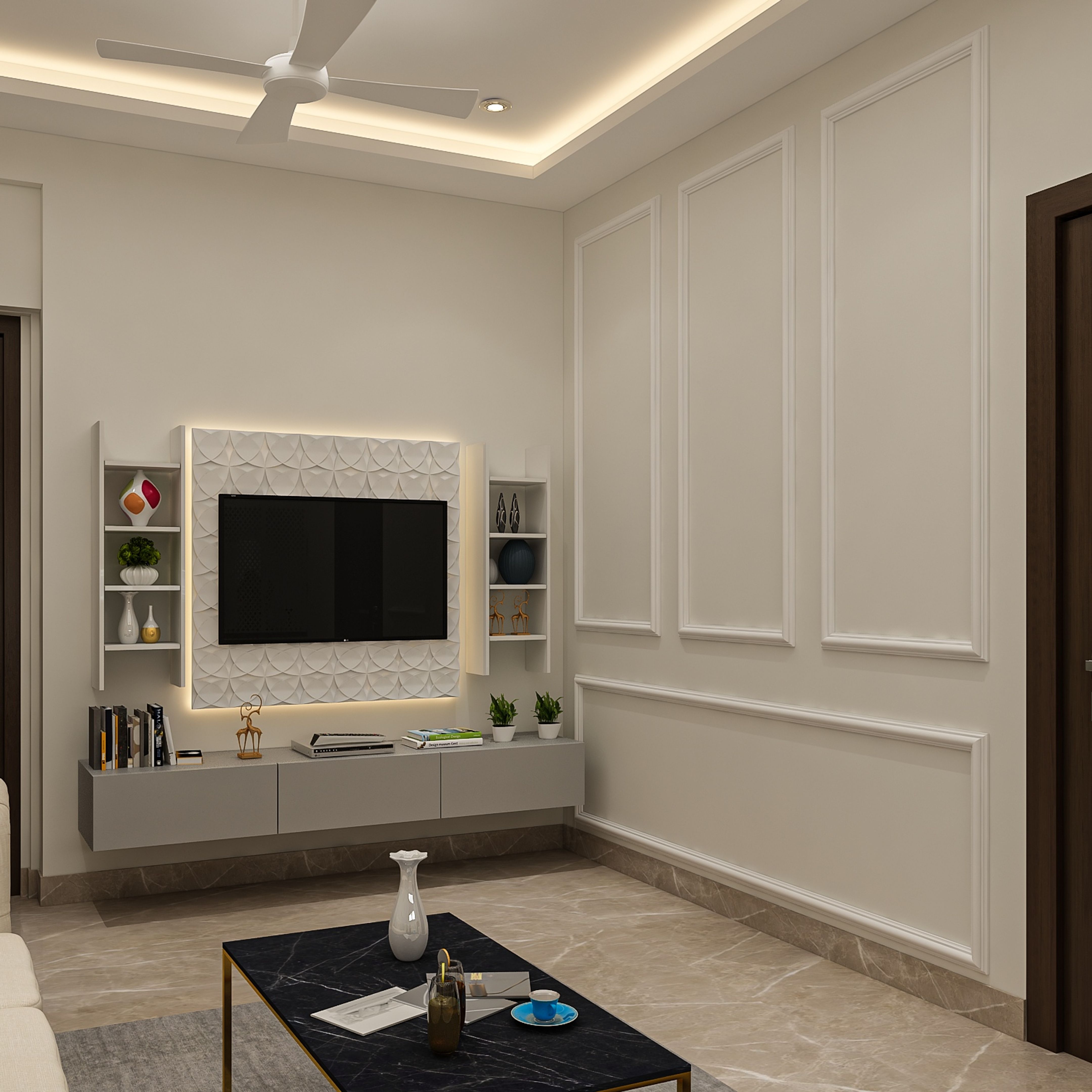 Grey TV Unit Design With Drawers And Open Shelves Livspace