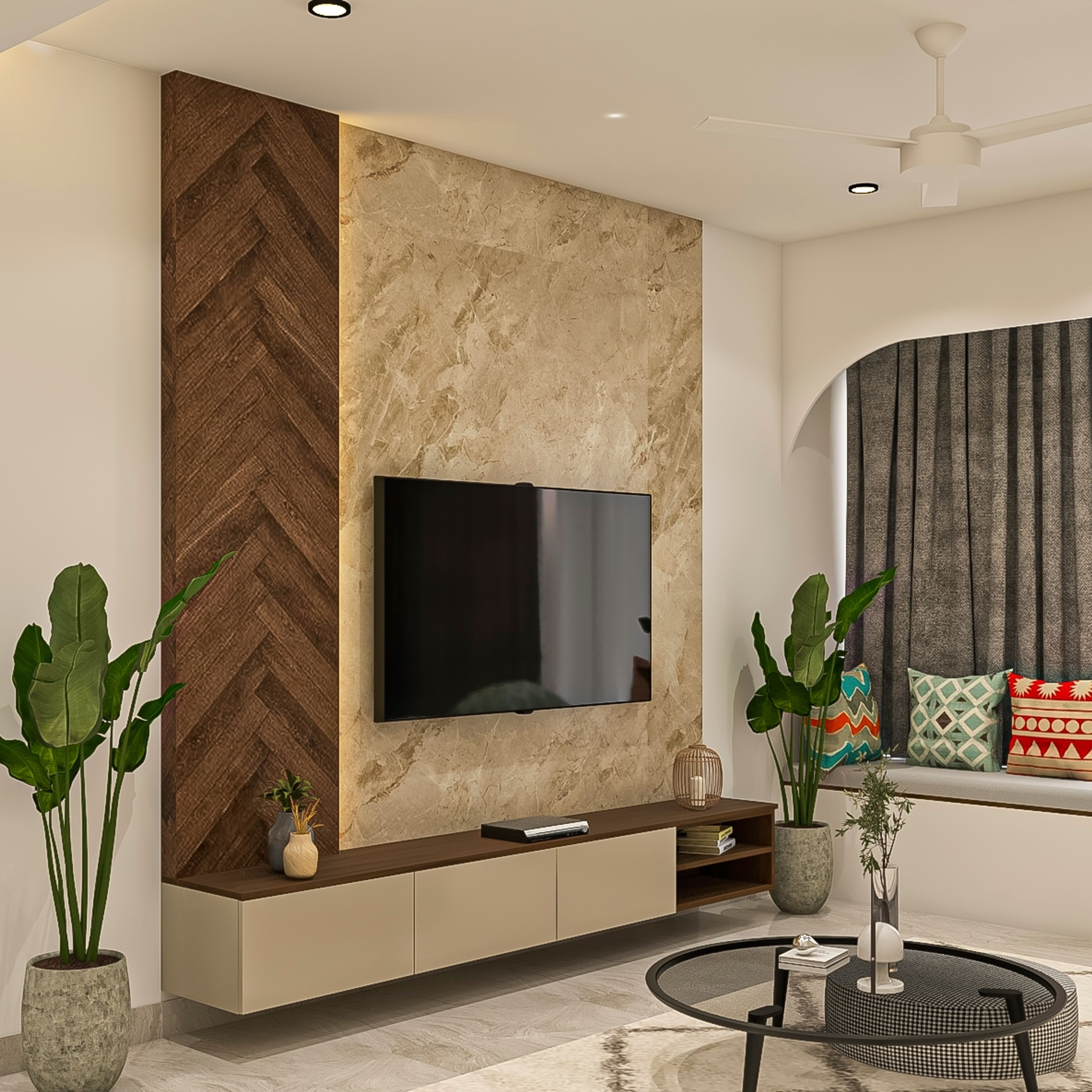 Wall-Mounted TV Unit With A Marble Back Panel With Strip Lights | Livspace