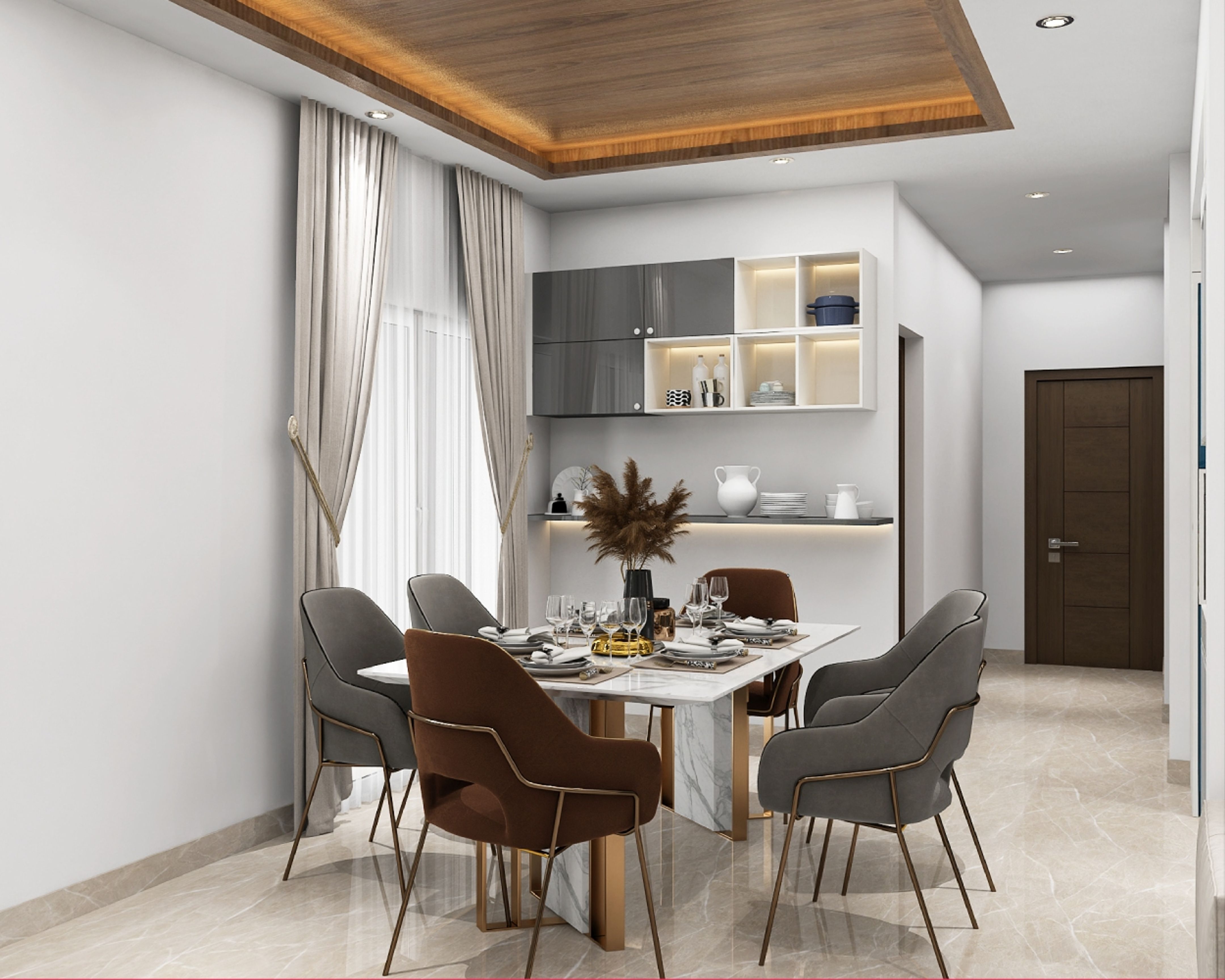Dining Room Design Marble Table, GreyBrown Chairs, Spacious Windows