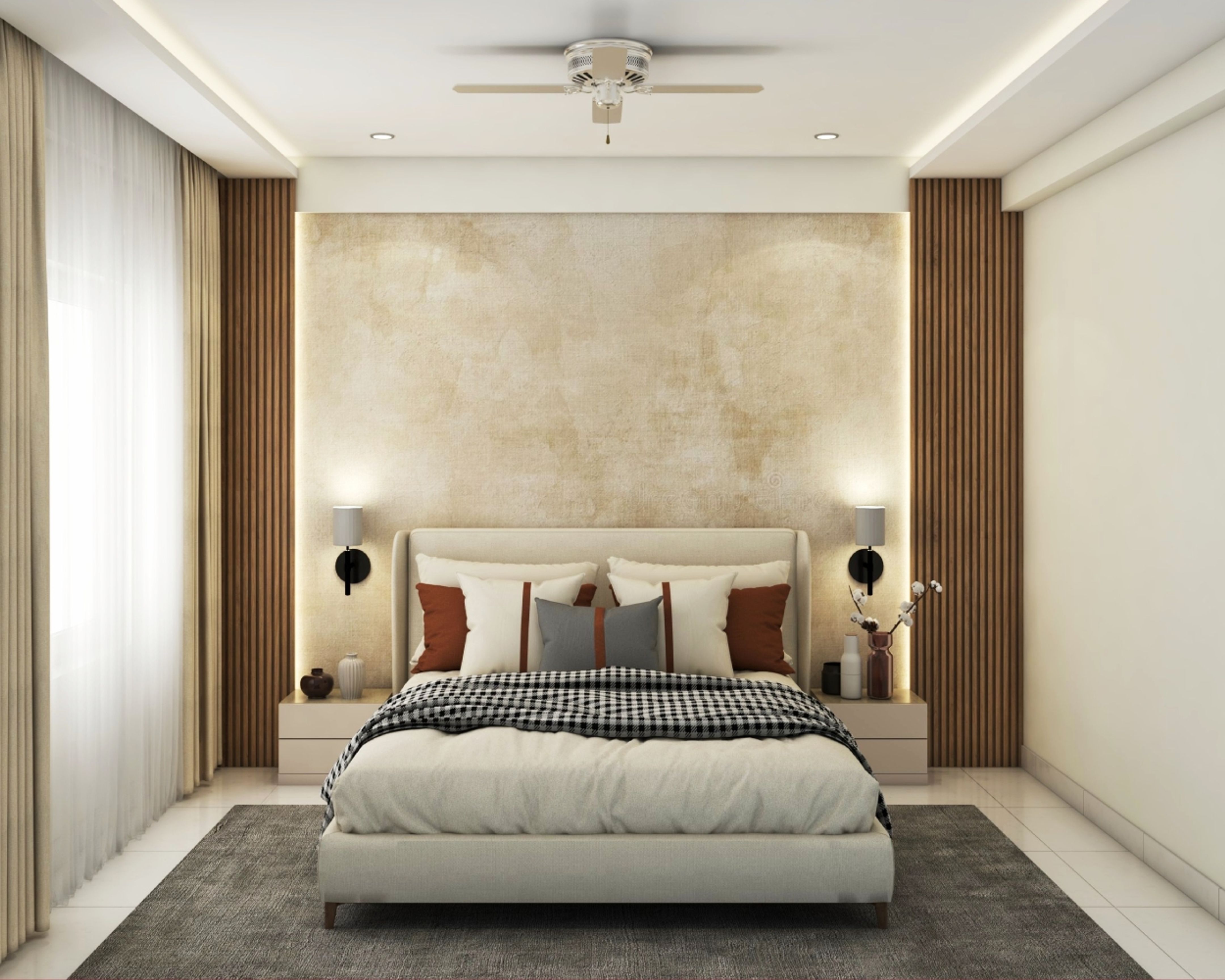Compact Guest Room Design With Beige Wallpaper And Parallel False ...