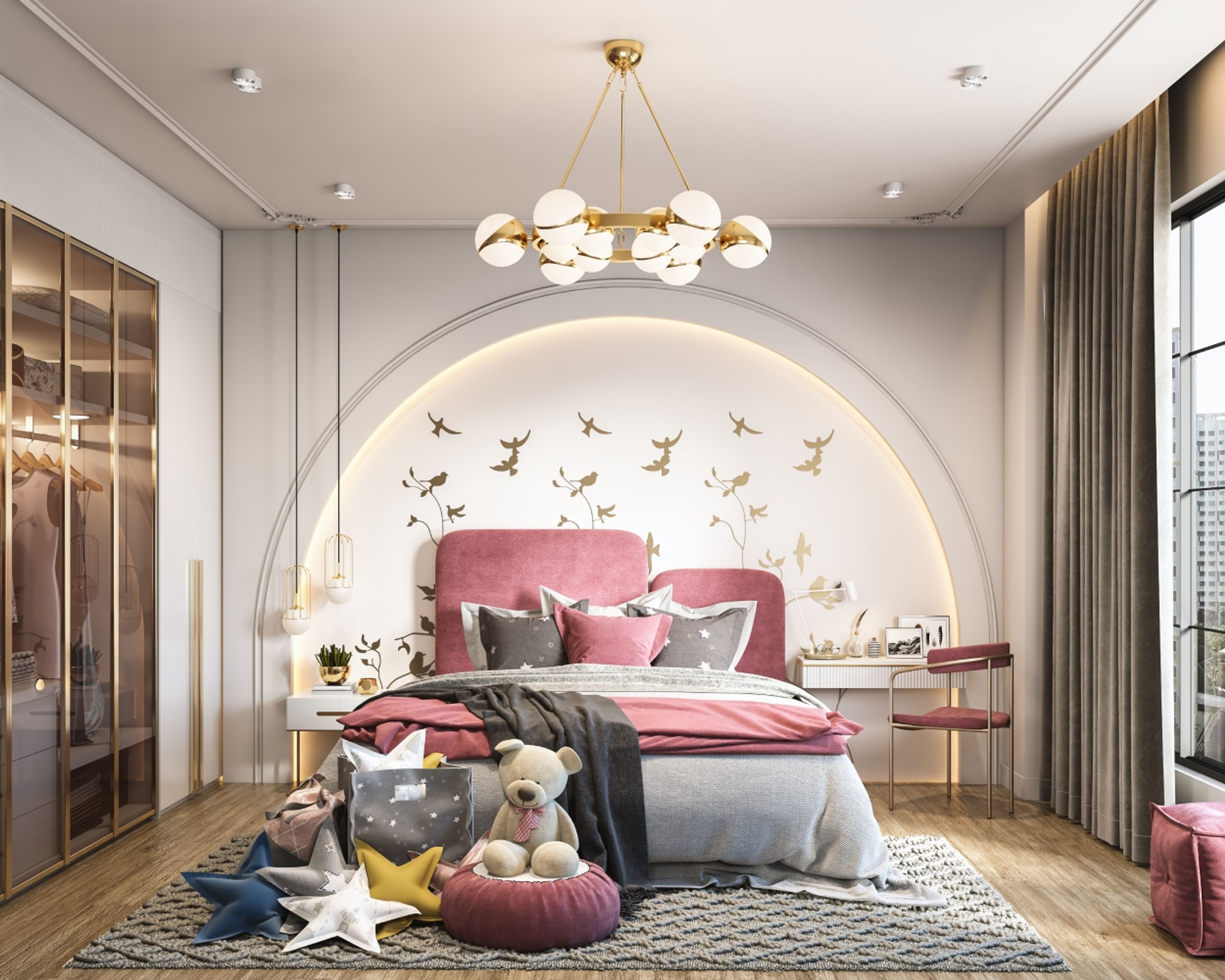 Glamorous Art Deco Kids Bedroom with Pink Accents and Gold Details ...