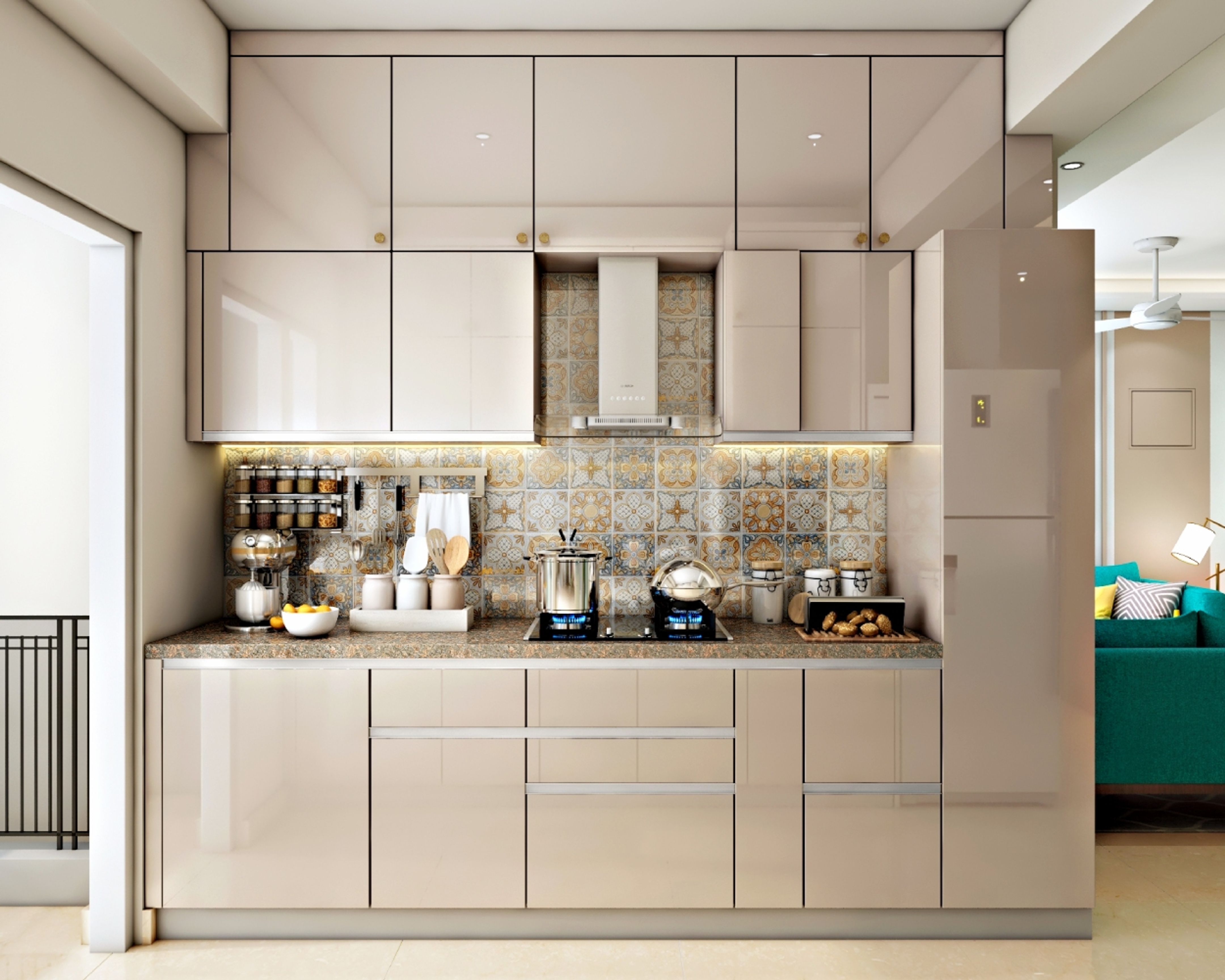 Contemporary L-Shape Kitchen Design with Light Beige Cabinets | Livspace