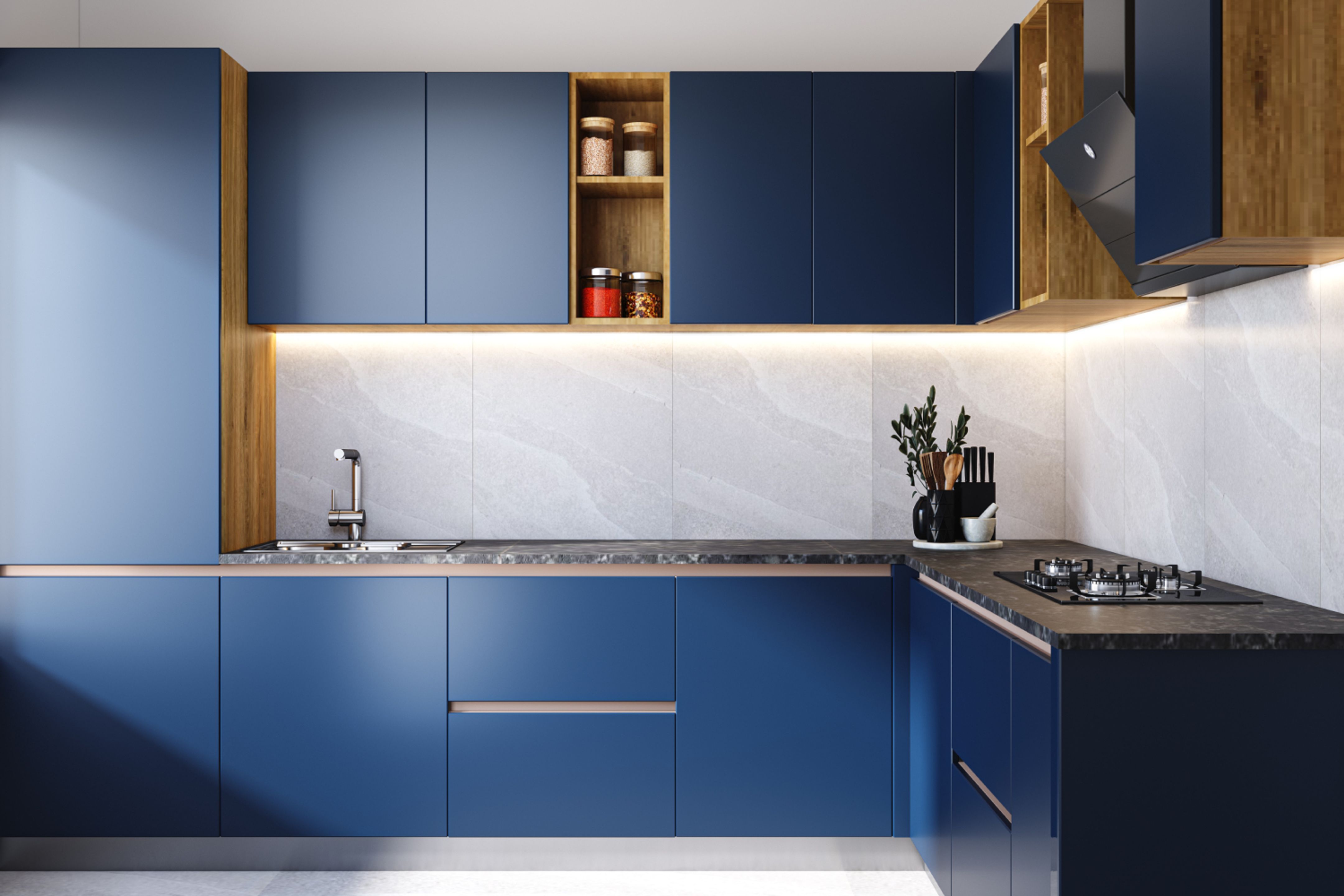 Kingfisher Blue Modern L-Shaped Kitchen Design: Marble Countertop and