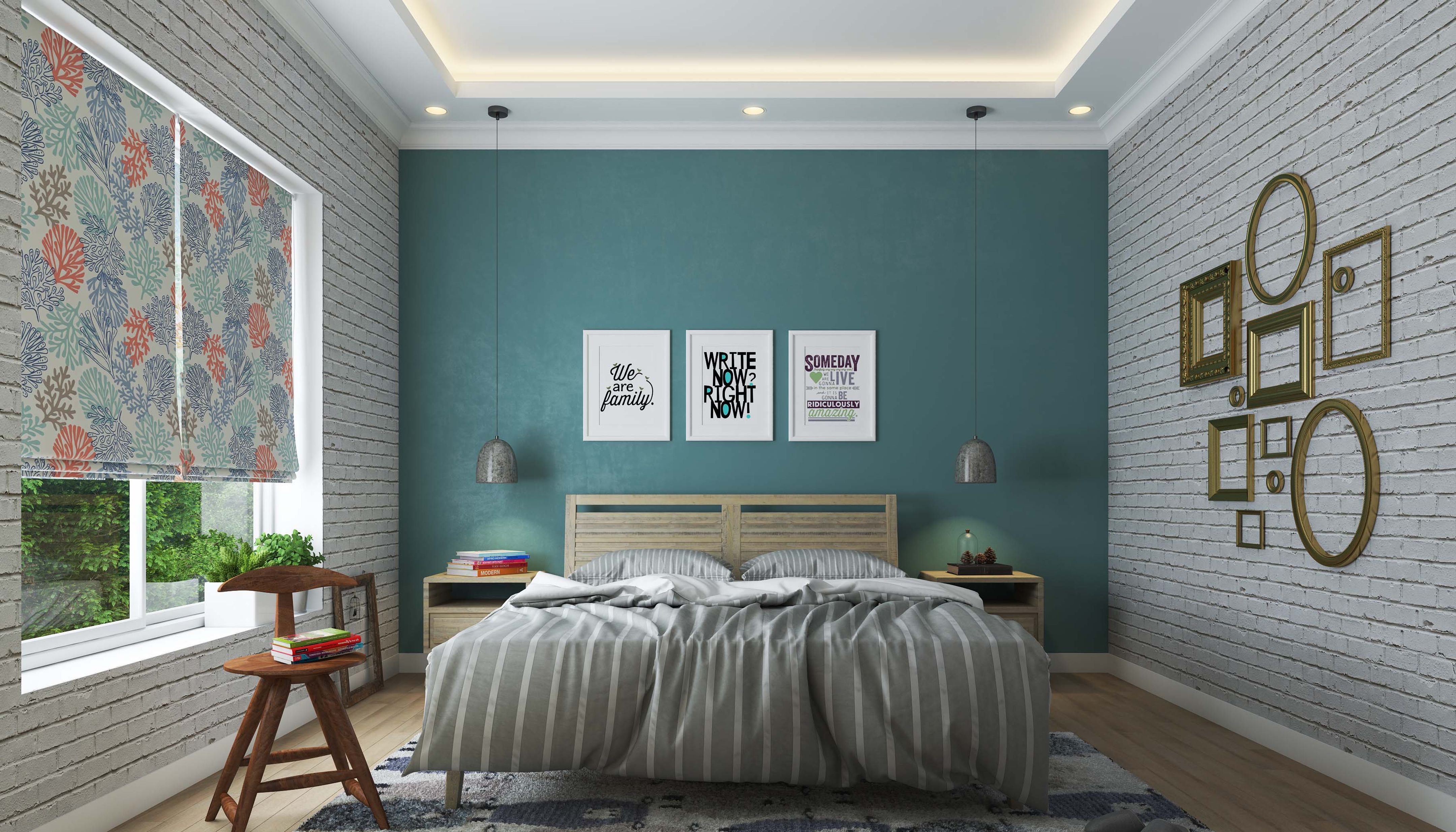 Spacious Teal Blue Master Bedroom Design With Light Wood Bed And ...