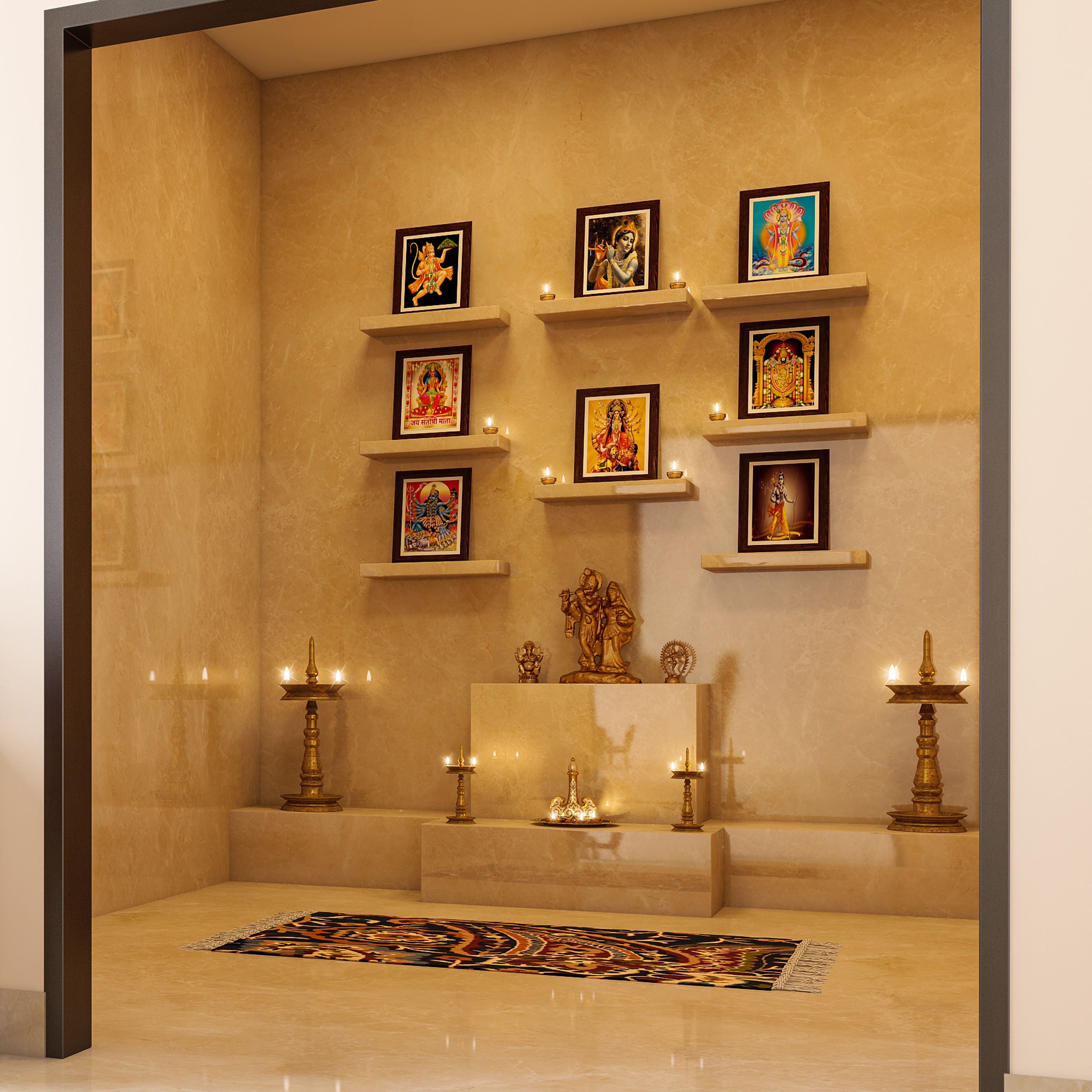 Spacious Pooja Room Design With Beige Wall-Mounted Shelves | Livspace