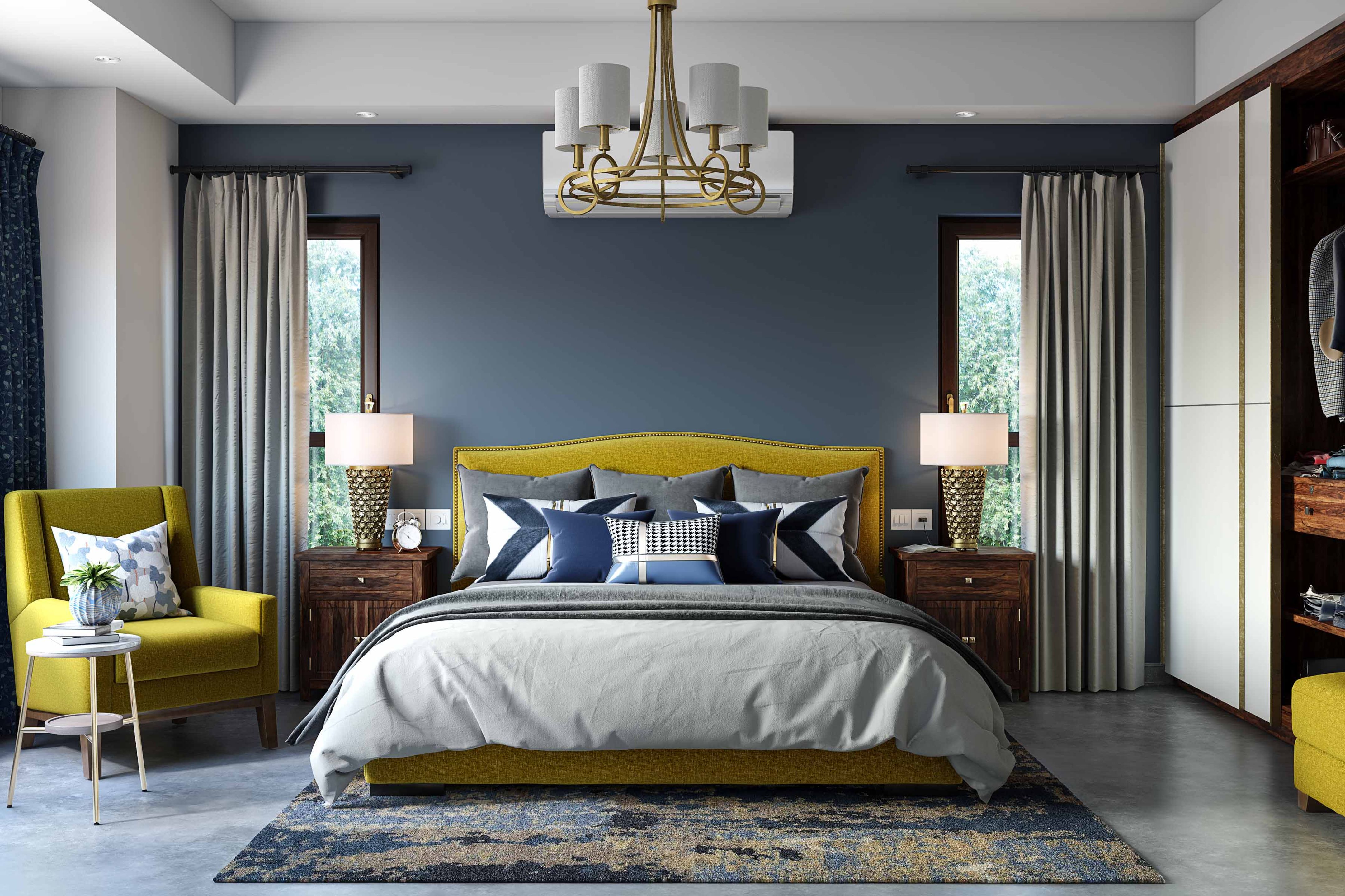 Dark Blue Contemporary Bedroom Wallpaper Design Livspace