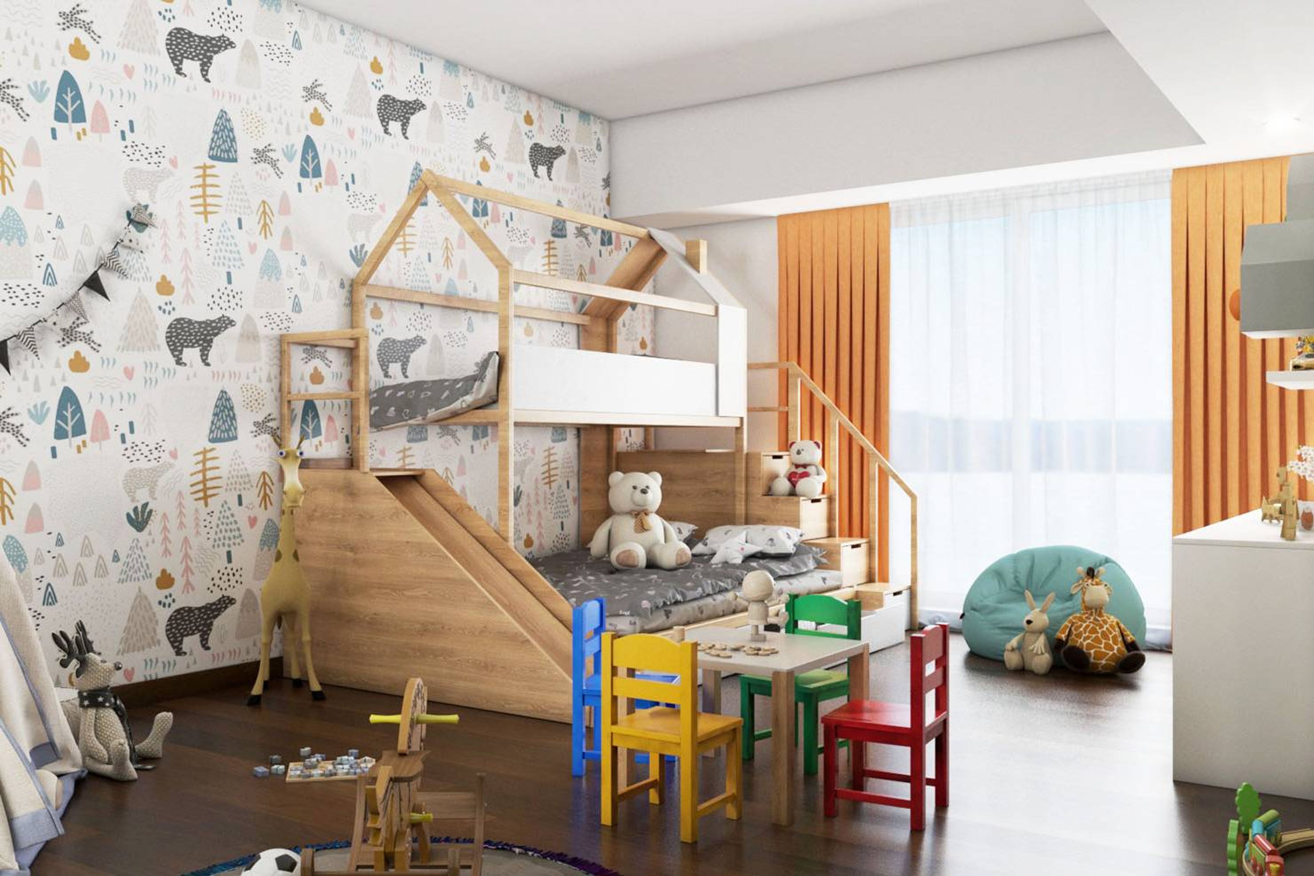 Nature-Themed Multicoloured Kids Bedroom Wallpaper Design | Livspace