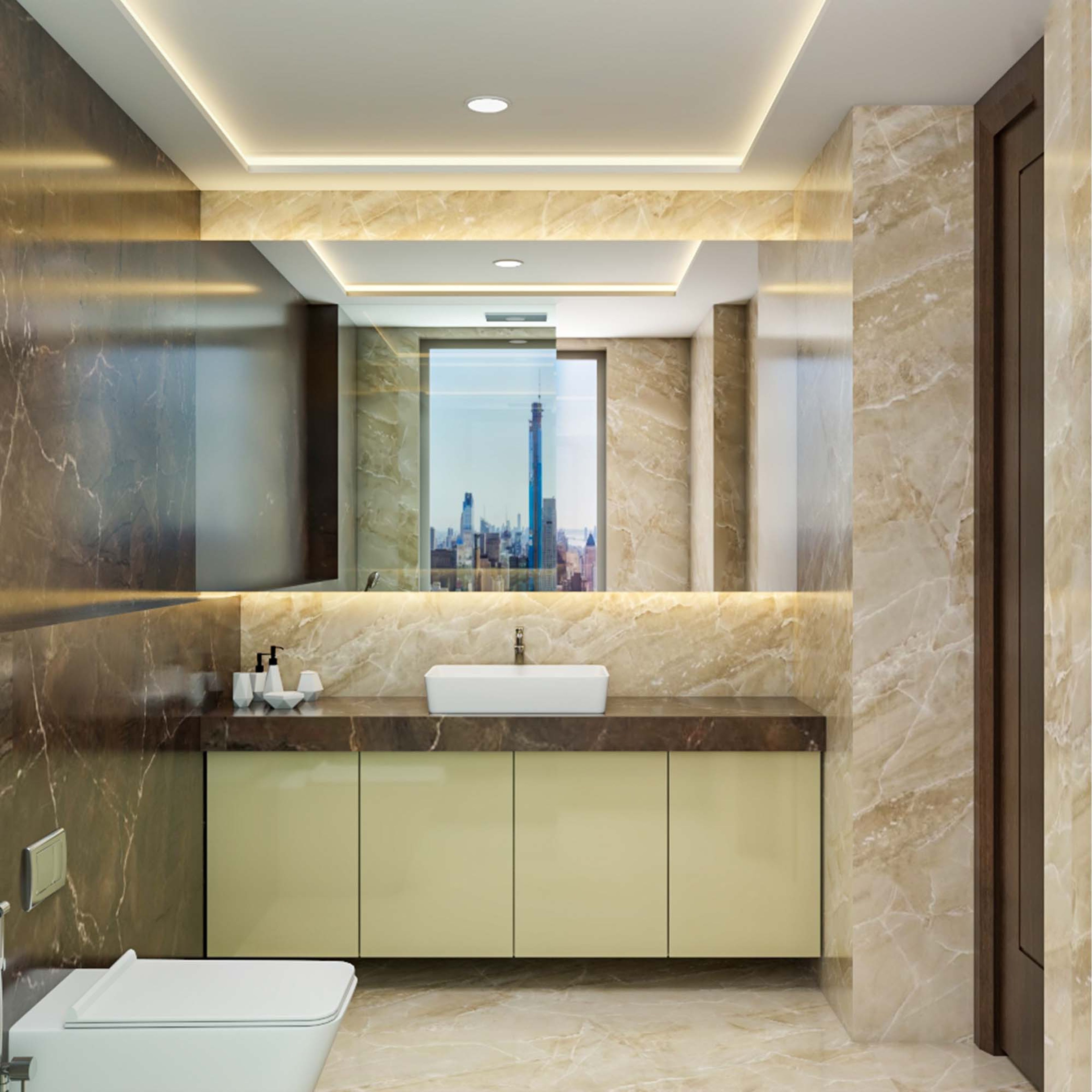 Spacious Brown And Beige Rustic Bathroom Design | Livspace