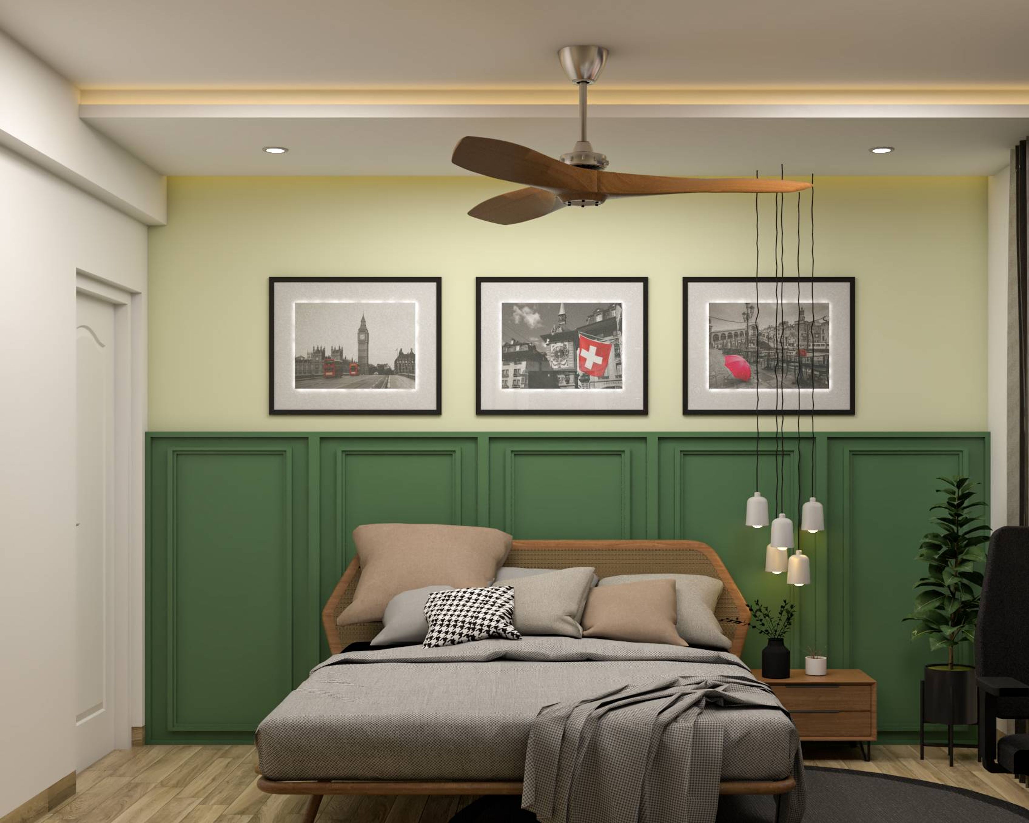 Spacious Kid's Bedroom Design With Green Trims Wainscoting And Cream ...