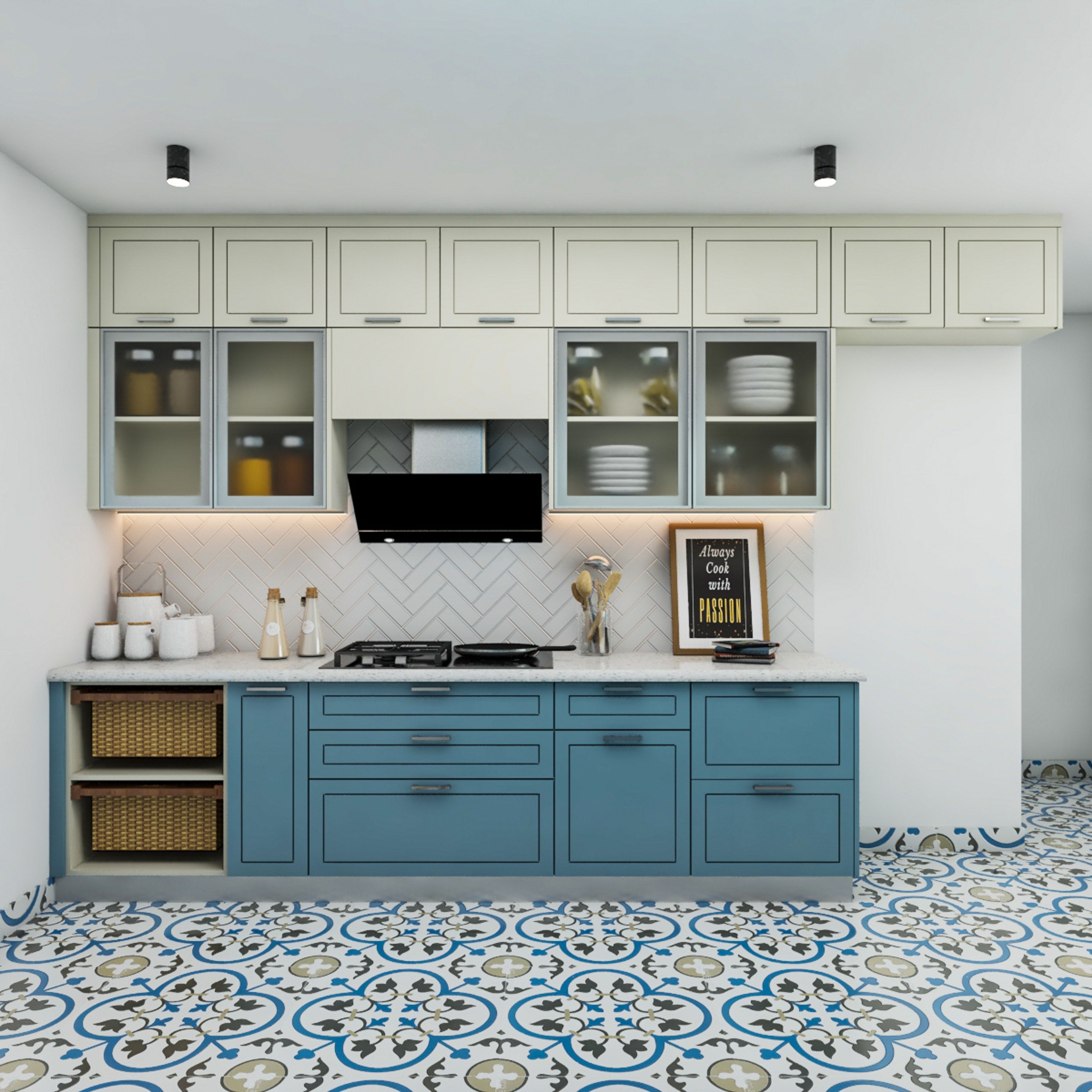 White And Blue Parallel Kitchen With Subway Patterned Tiles | Livspace