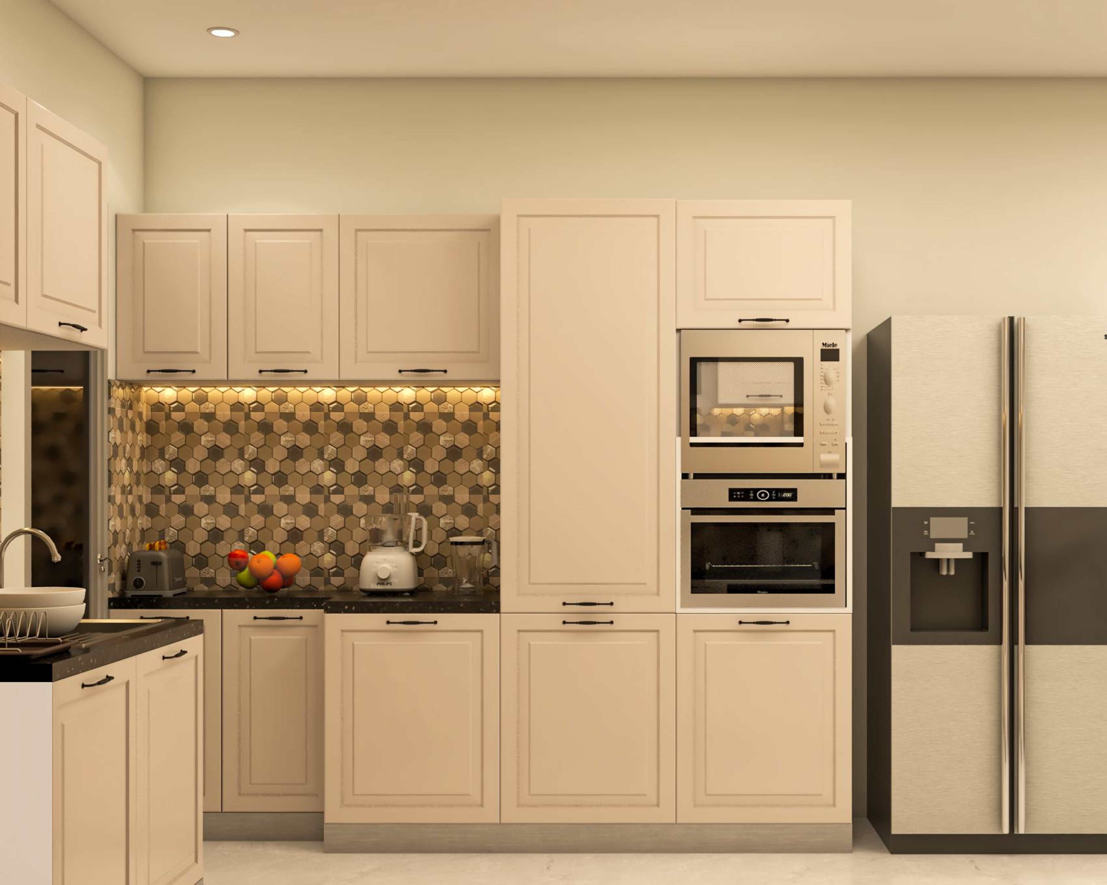 Spacious L-Shaped Kitchen Design With Hexagonal Patterned Dado And ...