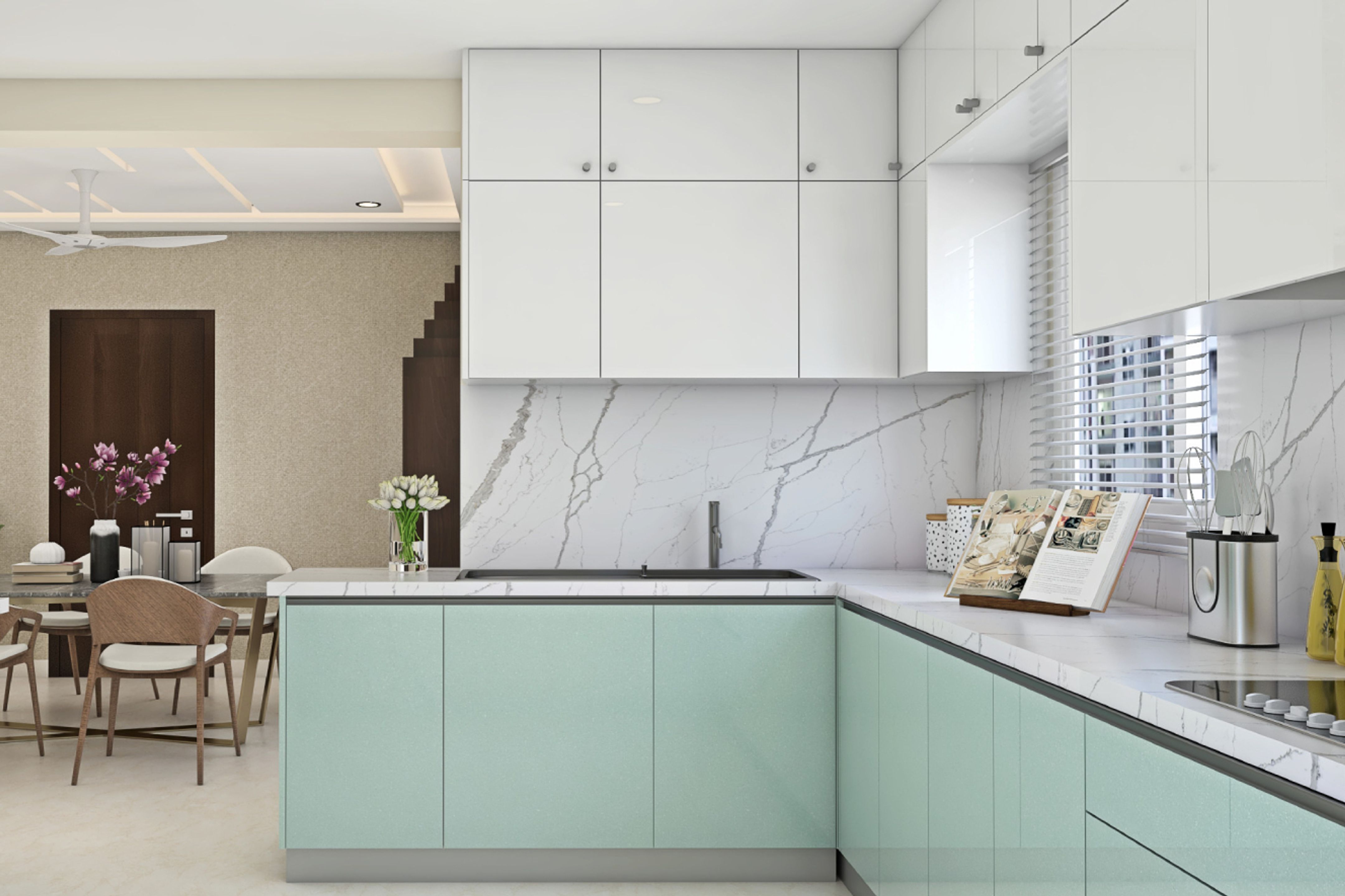 Modern Kitchen Design With Aesthetic Green And White Cabinets | Livspace