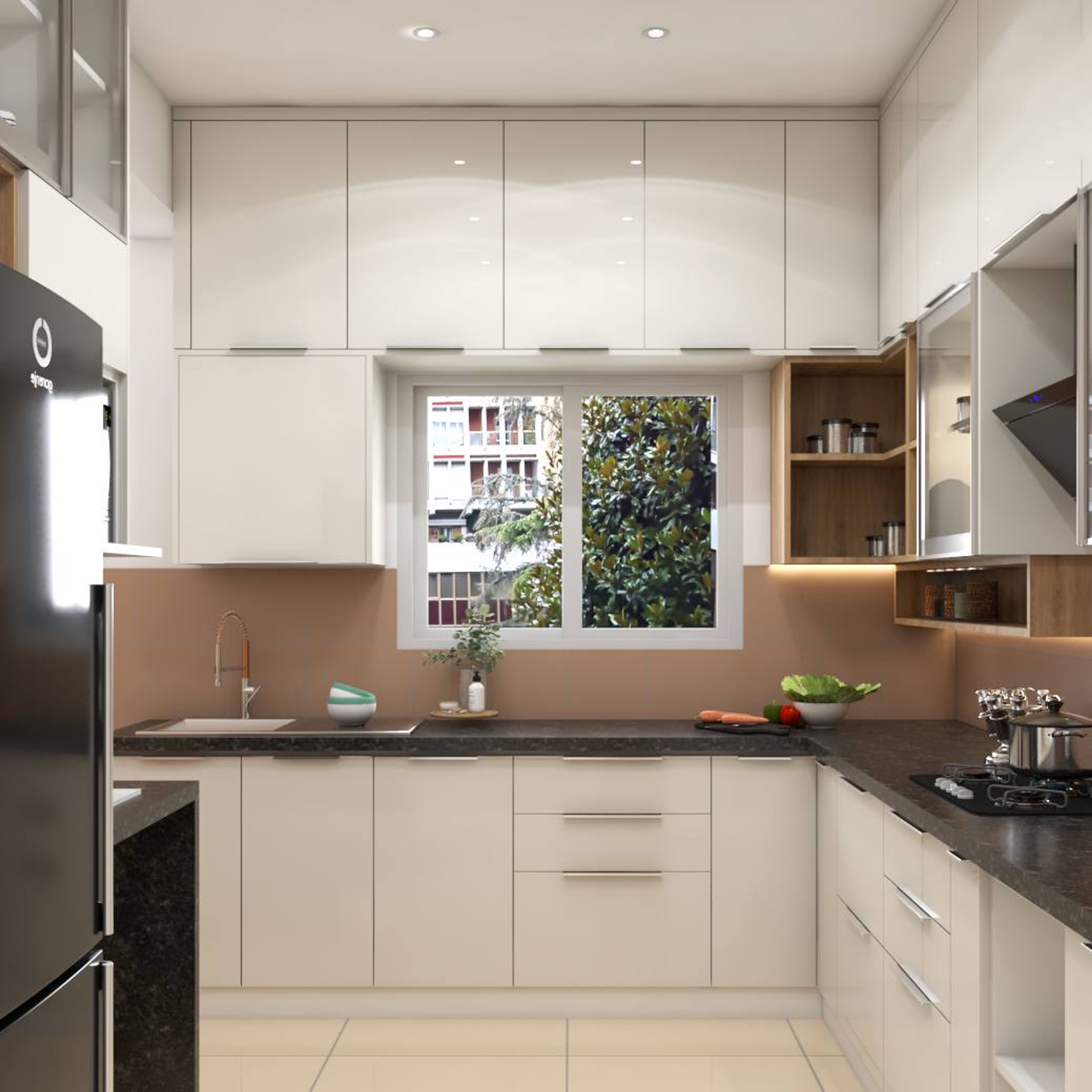 Spacious L-shaped Kitchen With Brown Dado Tiles 