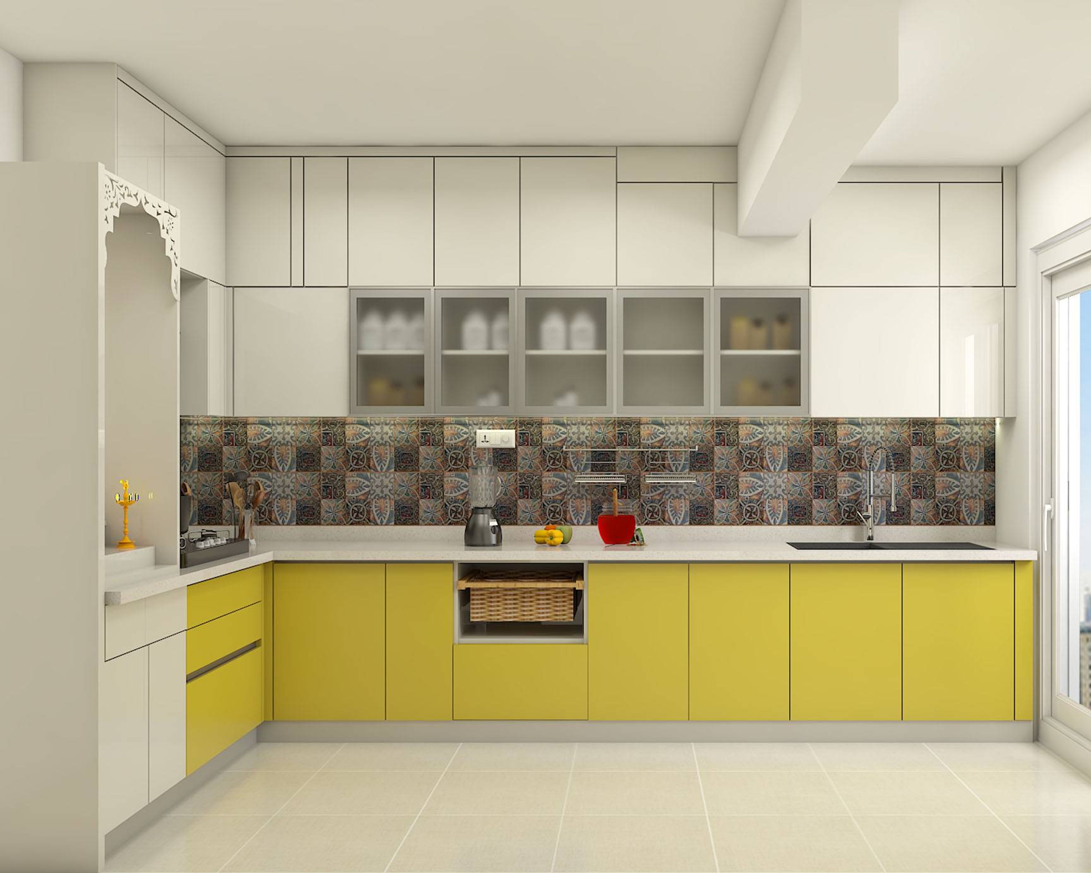 Modern Lshaped Spacious Kitchen Design With Yellow Livspace