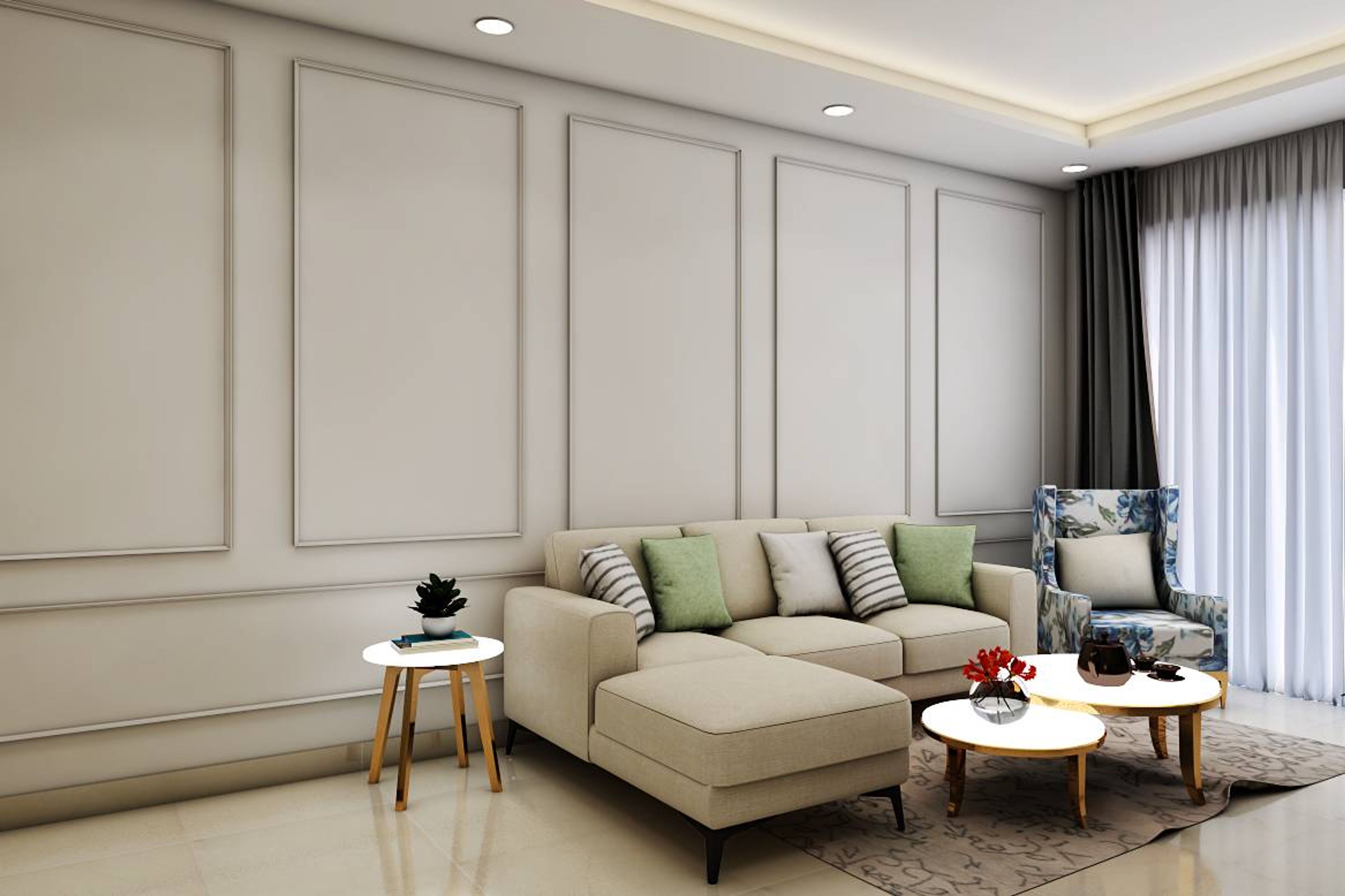 Contemporary Living Room Design With Wall Trims And Floral-Patterned ...
