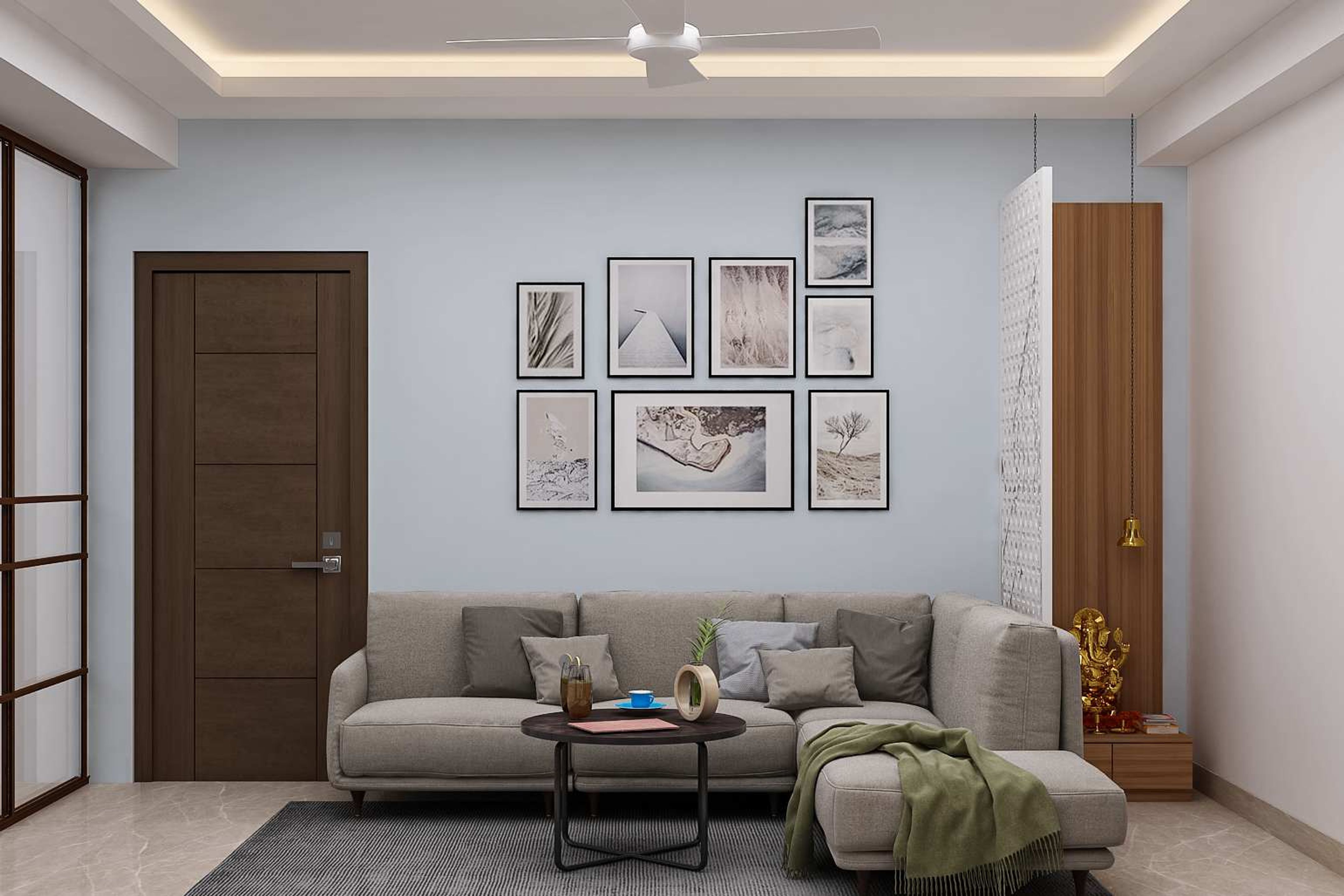 Spacious Living Room Design With L-Shaped Grey Seater | Livspace