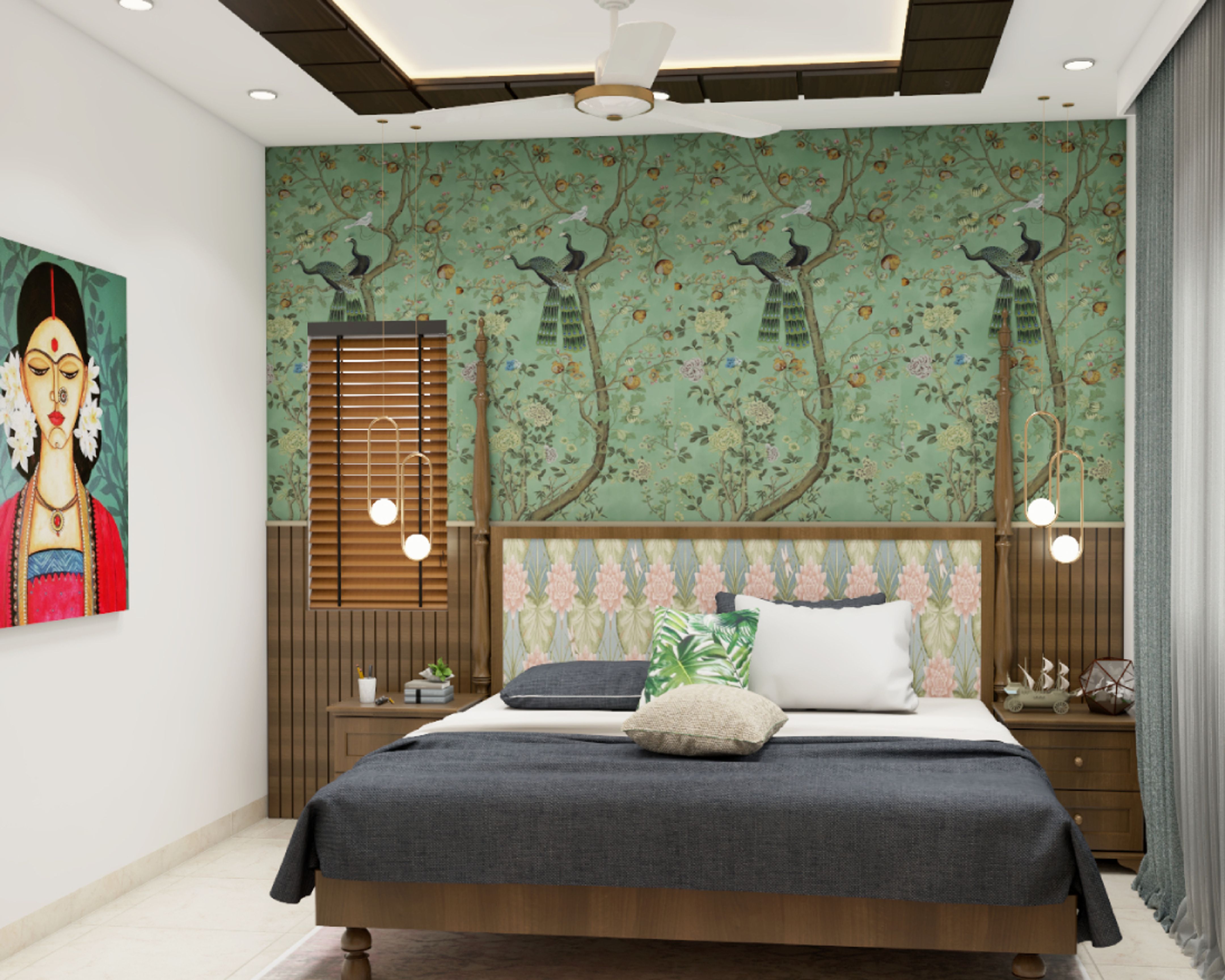 Indian Traditional Master Bedroom Design With Wooden Rafters | Livspace