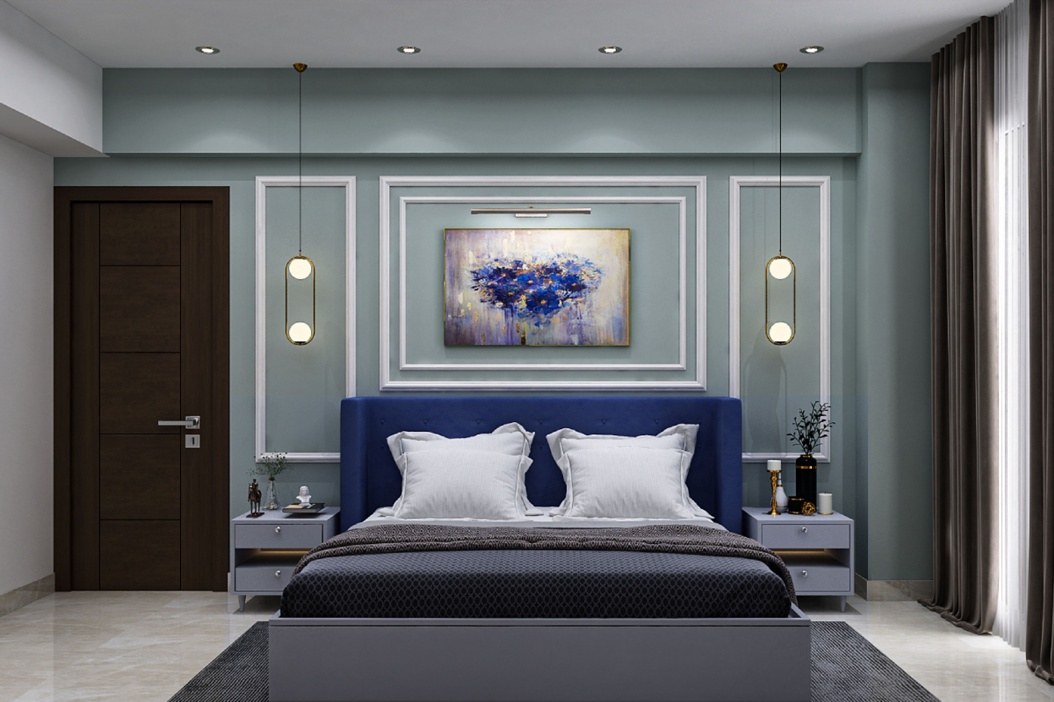 Spacious Master Bedroom Design With Dark Blue Tufted Headboard | Livspace