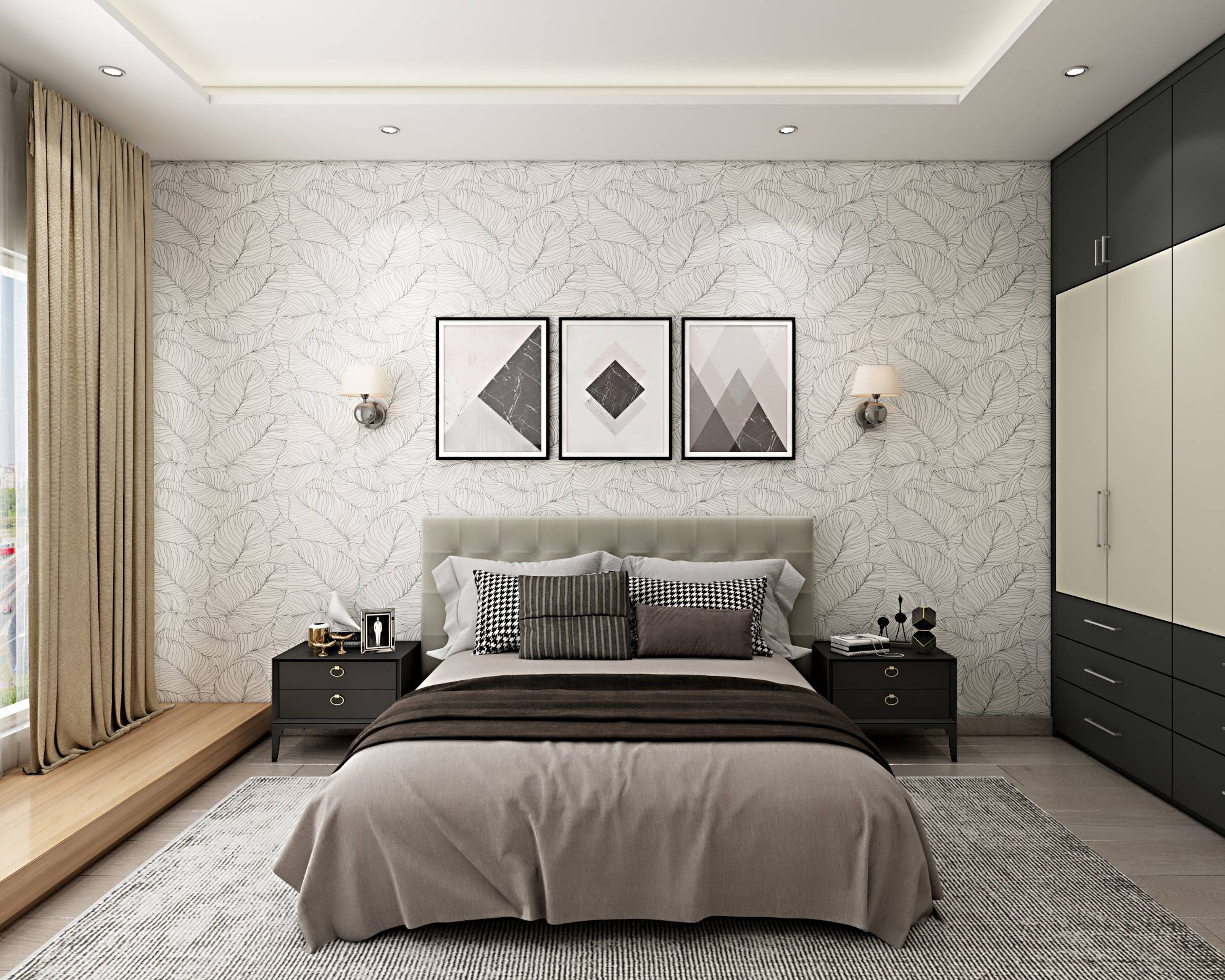 Master Bedroom Design With Light Grey Tufted Bed & Wardrobe Livspace