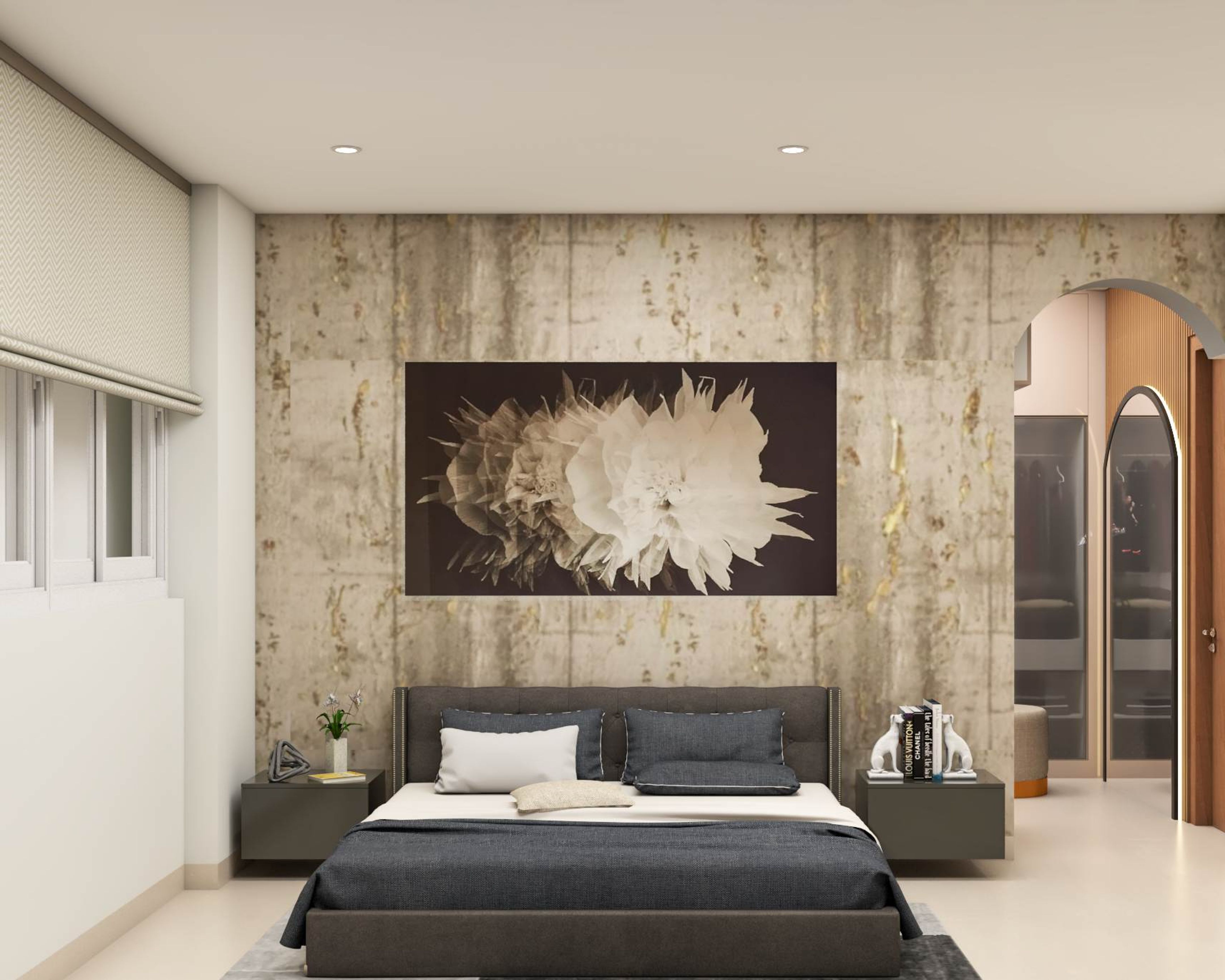Master Bedroom Design With Black Bedside Unit | Livspace