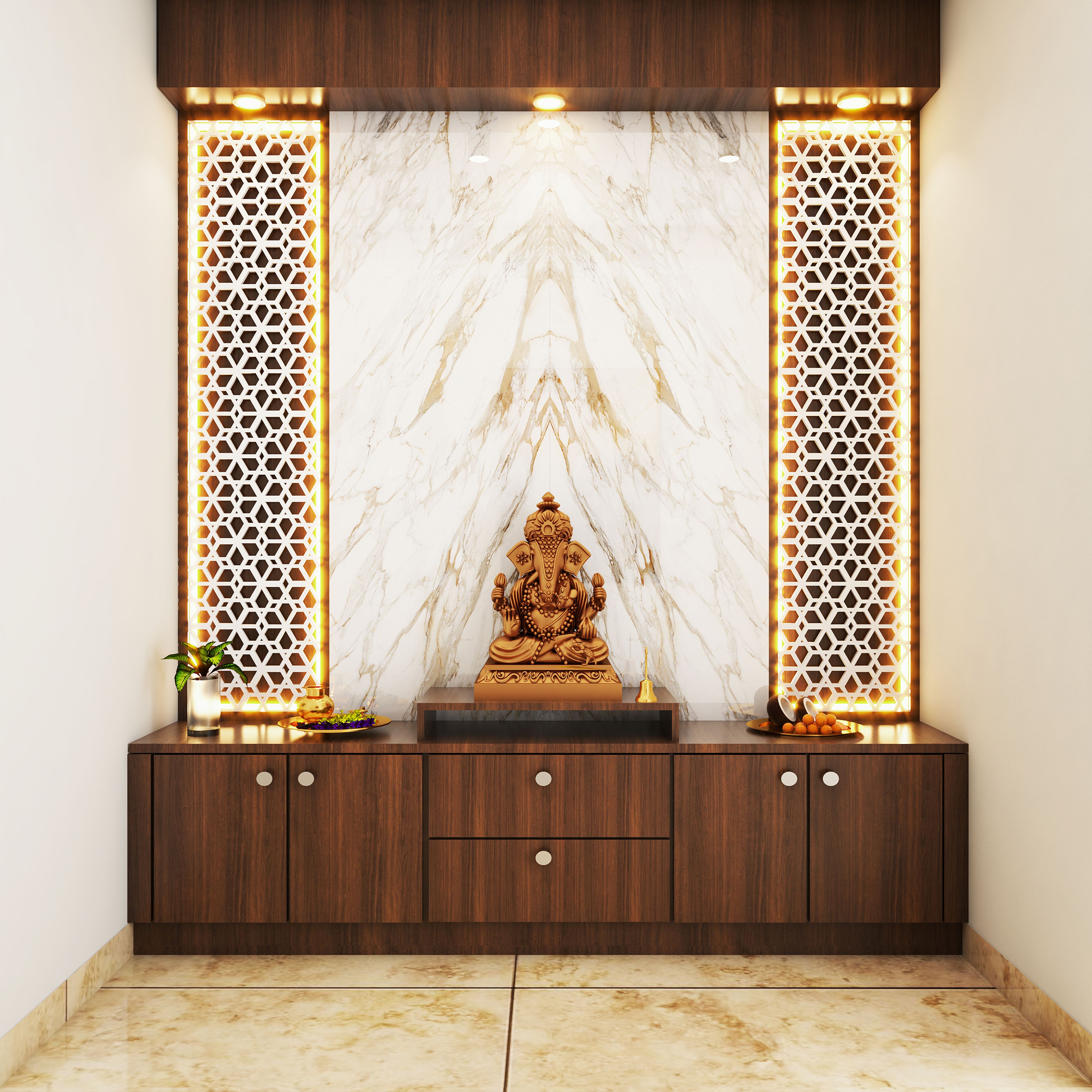 Spacious Pooja Room Design With Marble Backdrop And Wooden Cabinets ...