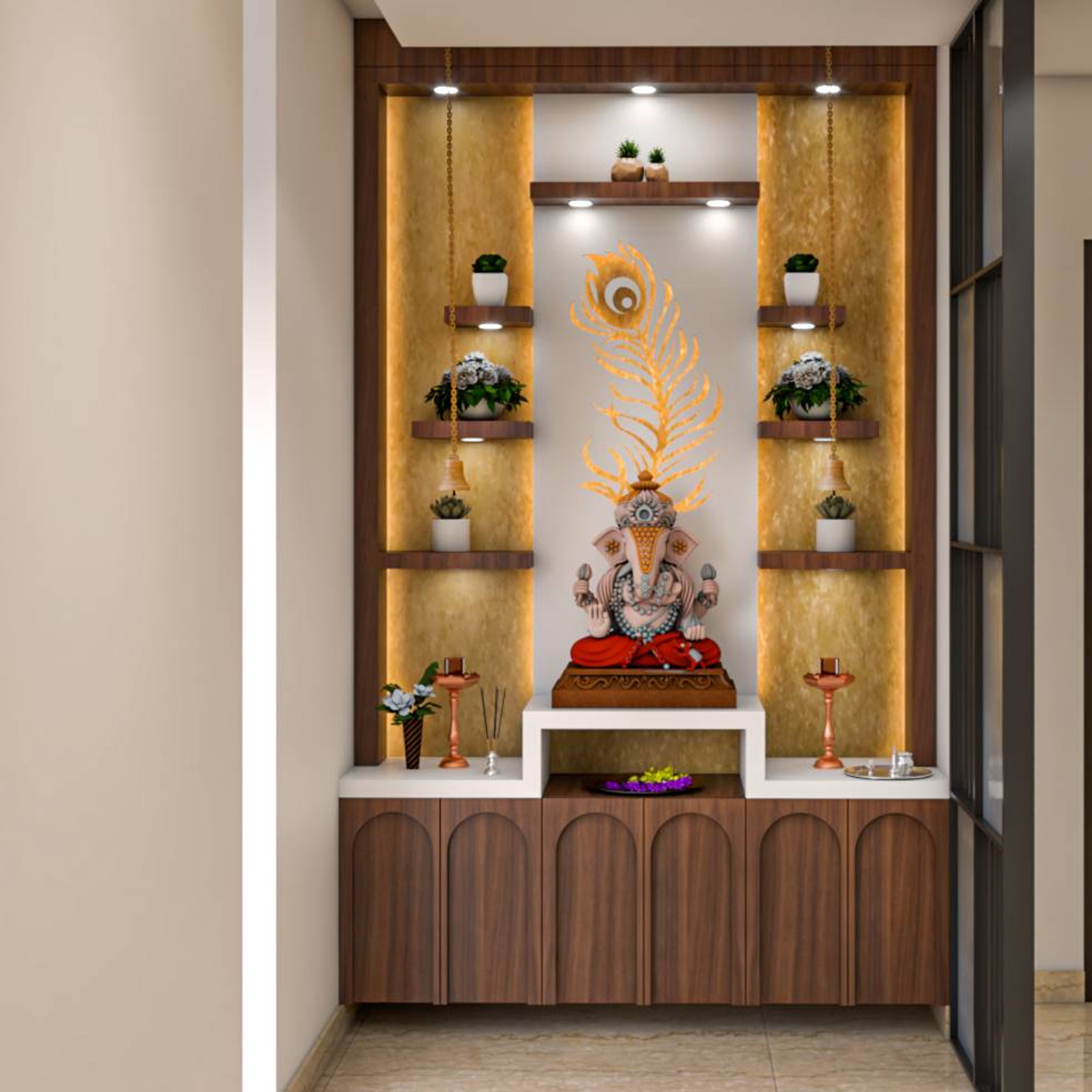 Modern Mandir Design With Yellow-Beige Background | Livspace