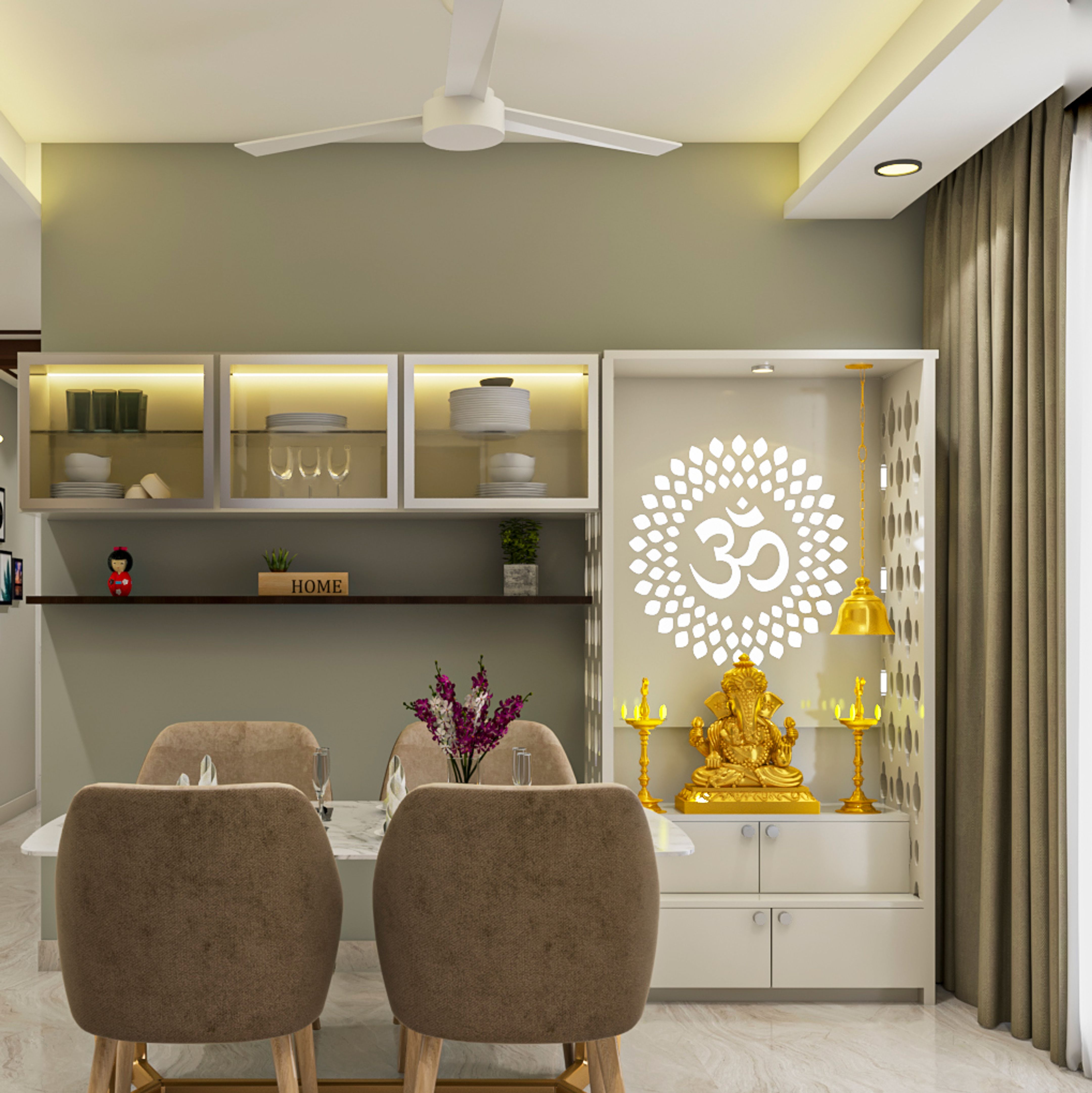 Modern Pooja Room Design With Backlit Patterns And Hanging Bell | Livspace