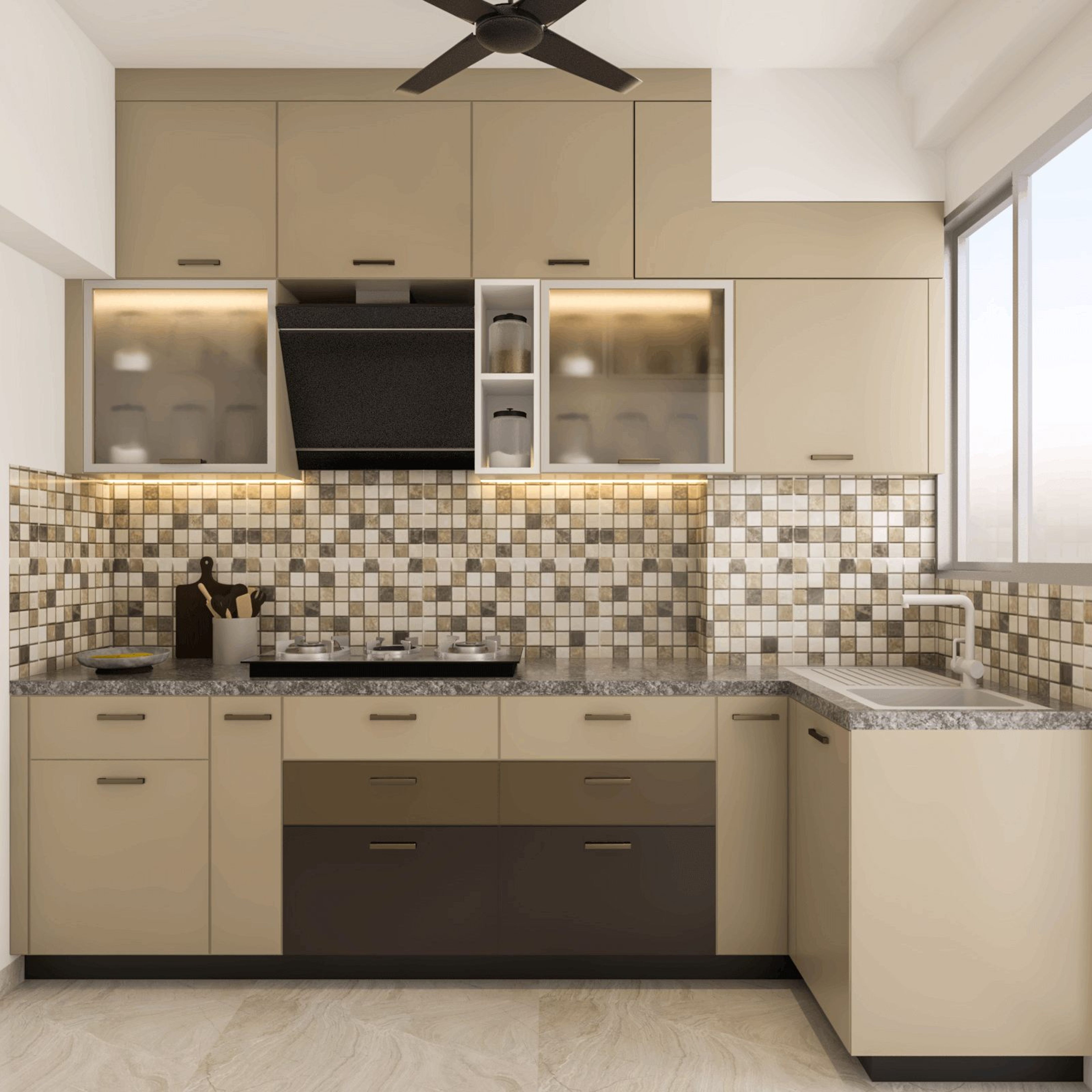 Beige And Brown Compact L-Shaped Kitchen Design | Livspace