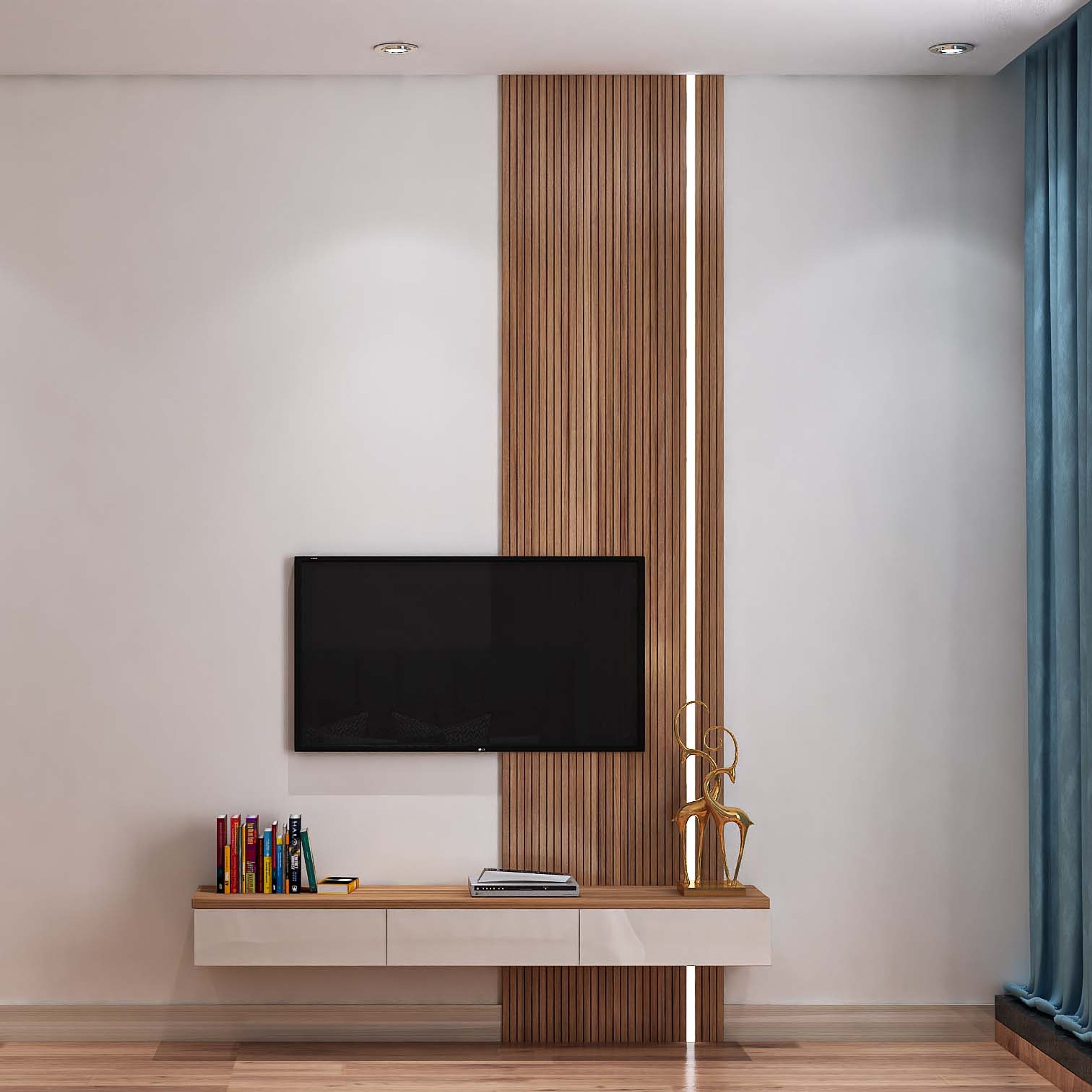 Low-Maintenance TV Unit Design With Wooden Details | Livspace